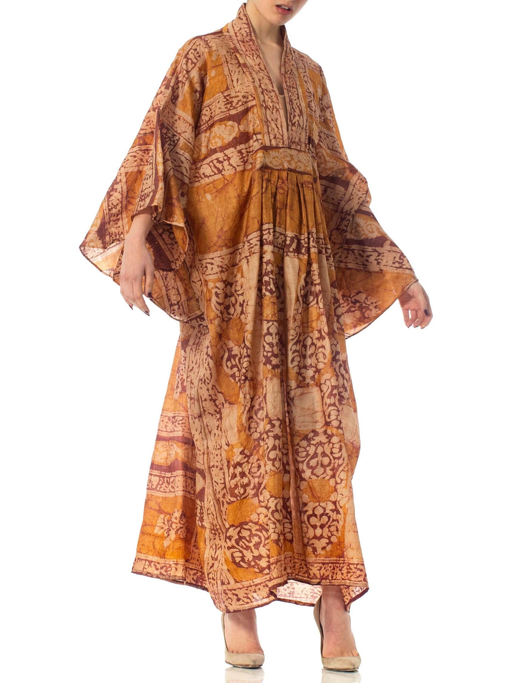 MORPHEW COLLECTION Caramel Brown Hand Printed Silk Batik Kaftan In Excellent Condition In New York, NY