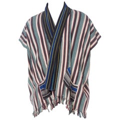 Used MORPHEW COLLECTION Grey & Red Cotton Handwoven African Indigo Stripe Poncho