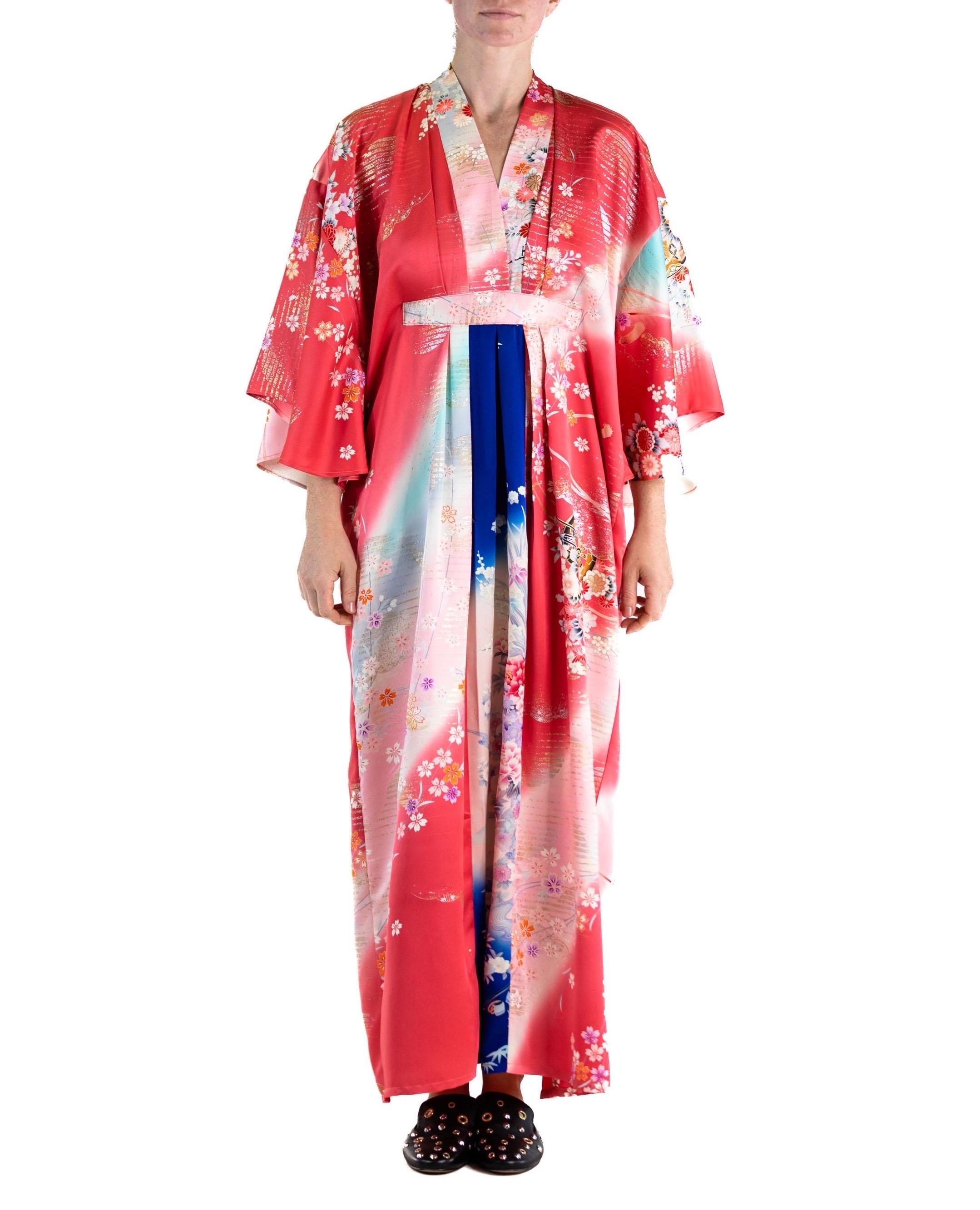 MORPHEW COLLECTION Hot Pink Blue Japanese Kimono Silk Kaftan In Excellent Condition For Sale In New York, NY