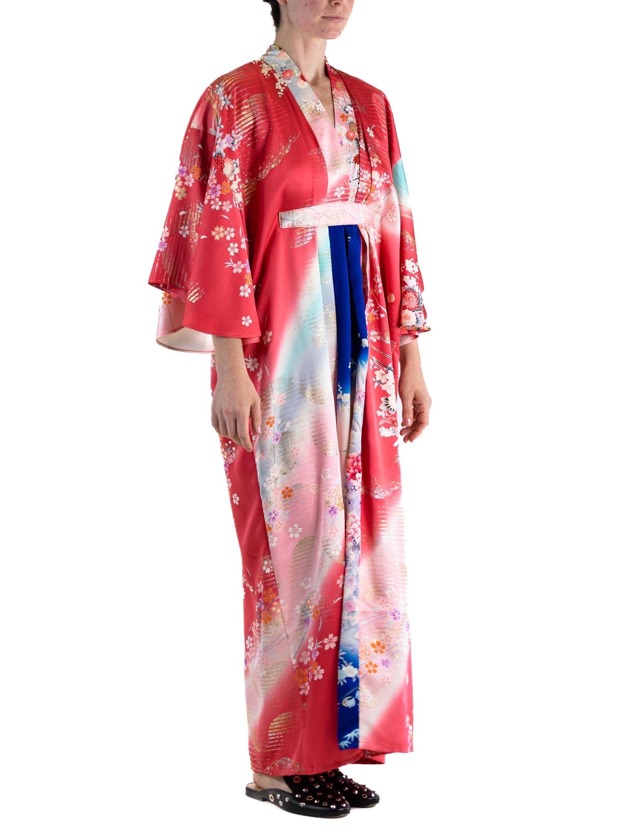 MORPHEW COLLECTION Hot Pink Blue Japanese Kimono Silk Kaftan For Sale 1
