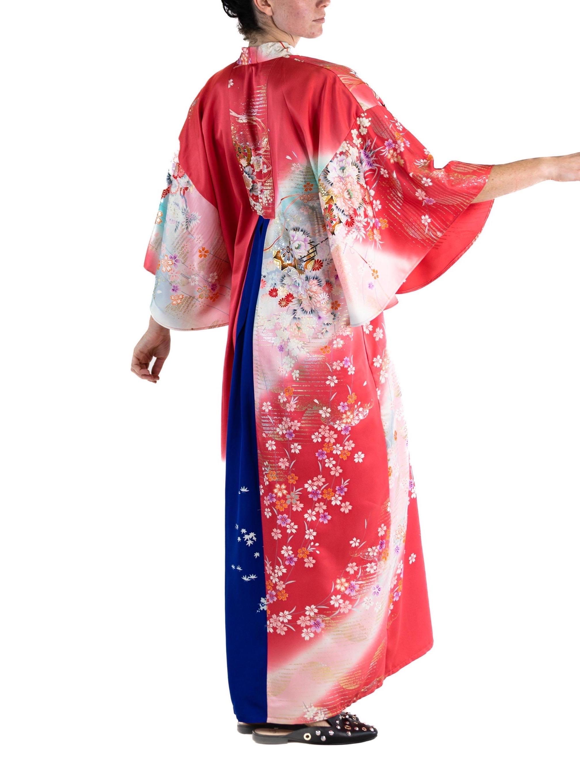 MORPHEW COLLECTION Hot Pink Blue Japanese Kimono Silk Kaftan For Sale 2