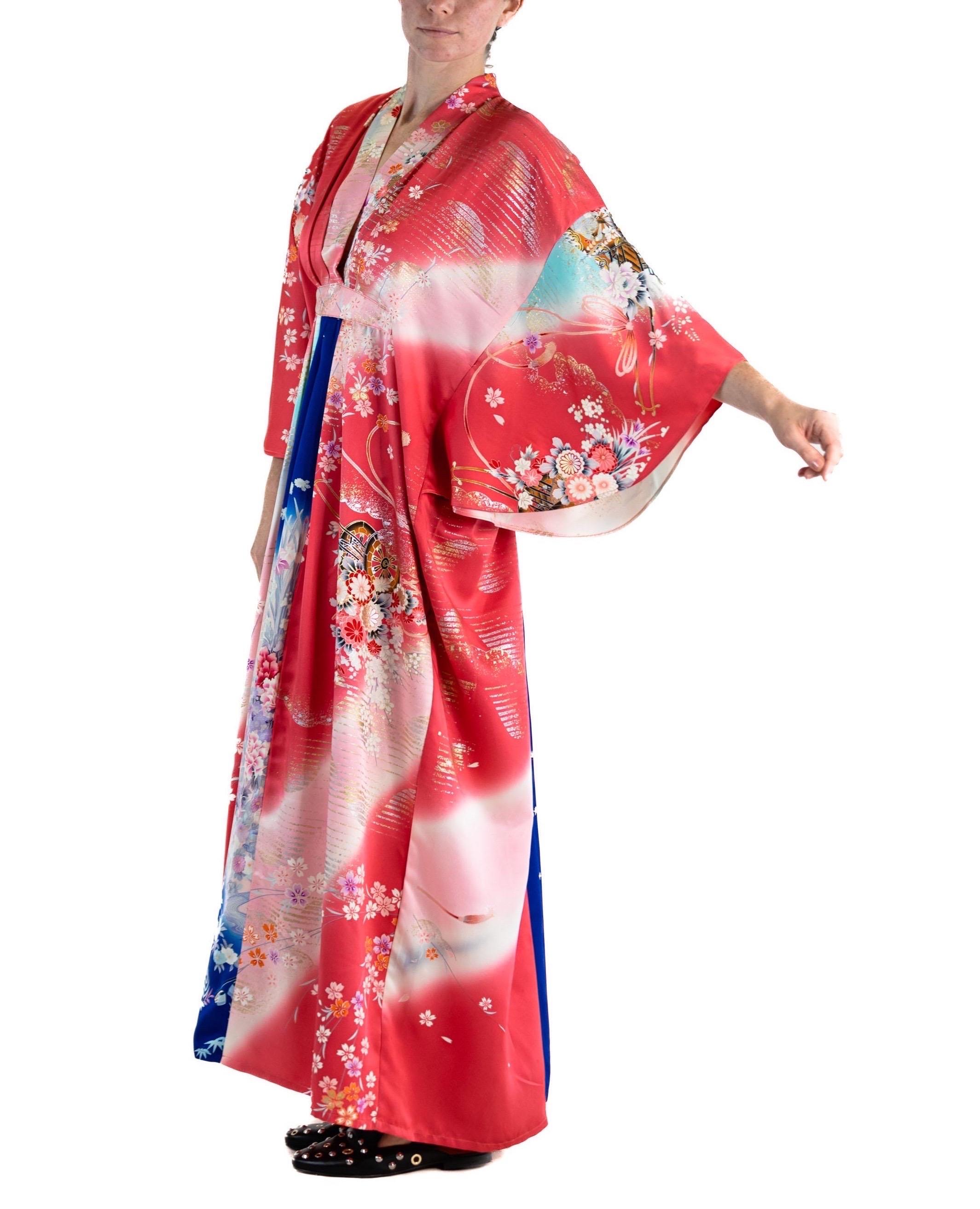 MORPHEW COLLECTION Hot Pink Blue Japanese Kimono Silk Kaftan For Sale 3