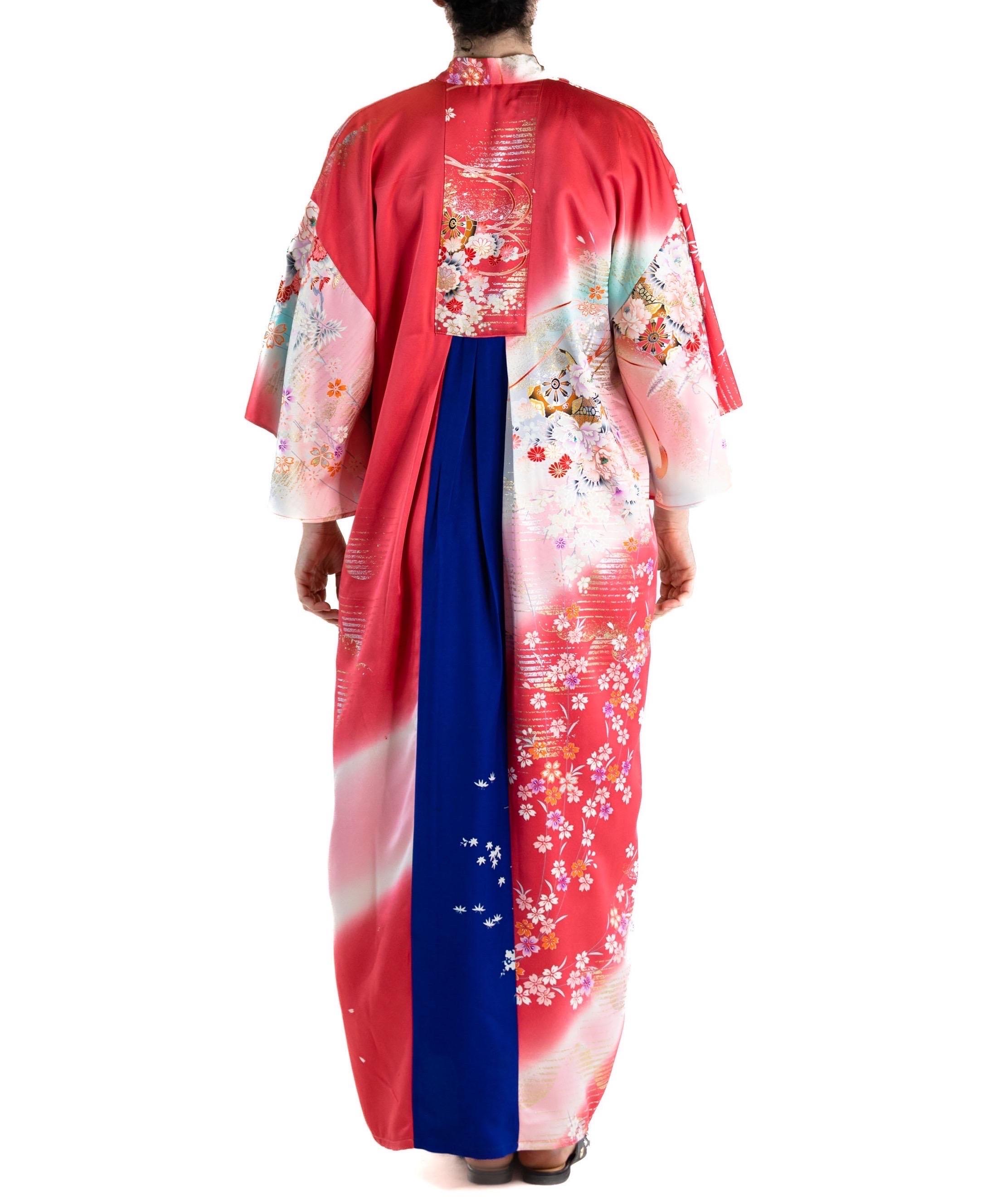 MORPHEW COLLECTION Hot Pink Blue Japanese Kimono Silk Kaftan For Sale 4