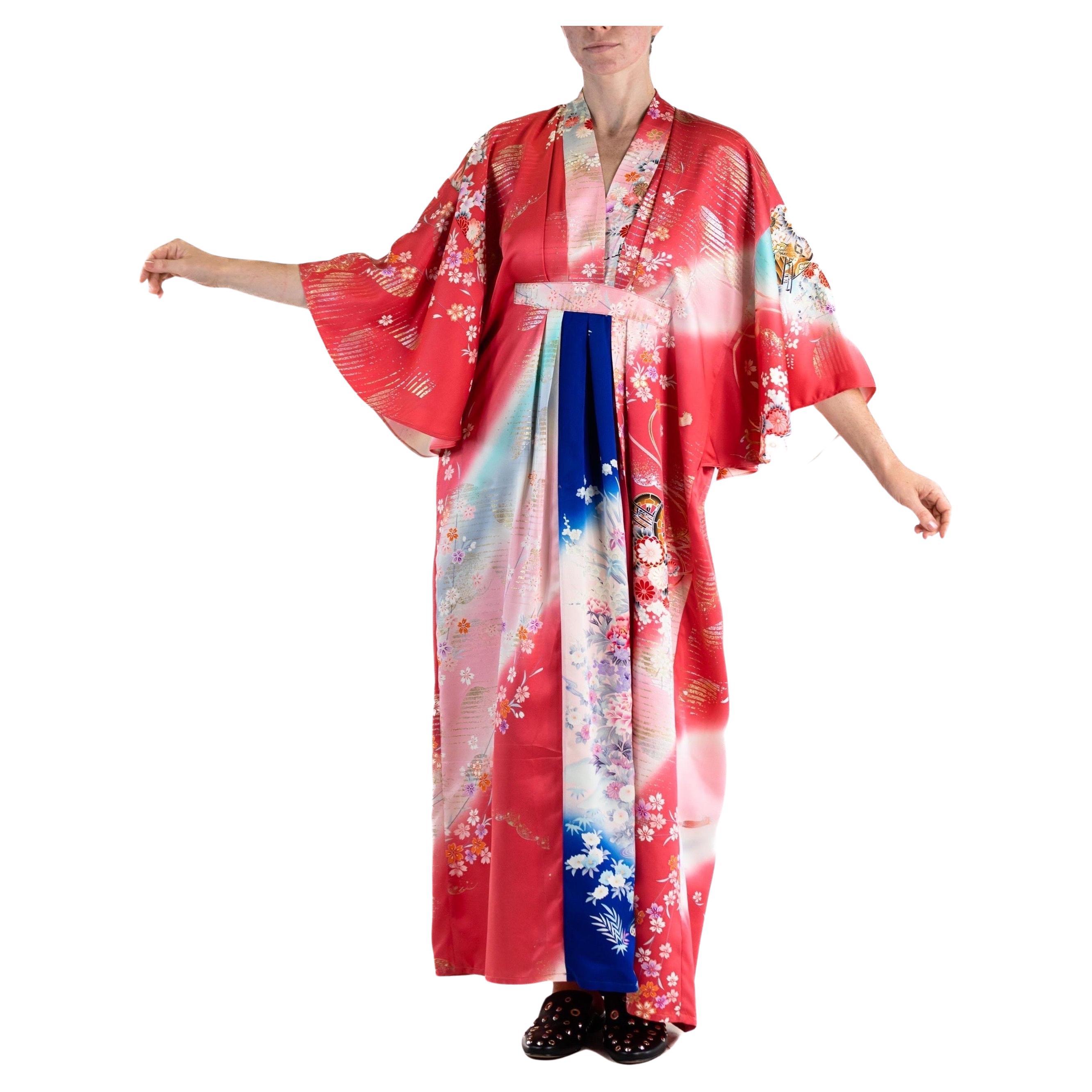MORPHEW COLLECTION Hot Pink Blue Japanese Kimono Silk Kaftan For Sale
