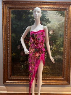 MORPHEW COLLECTION Hot Pink Floral Burnout Velvet Cocktail Dress with Fringe