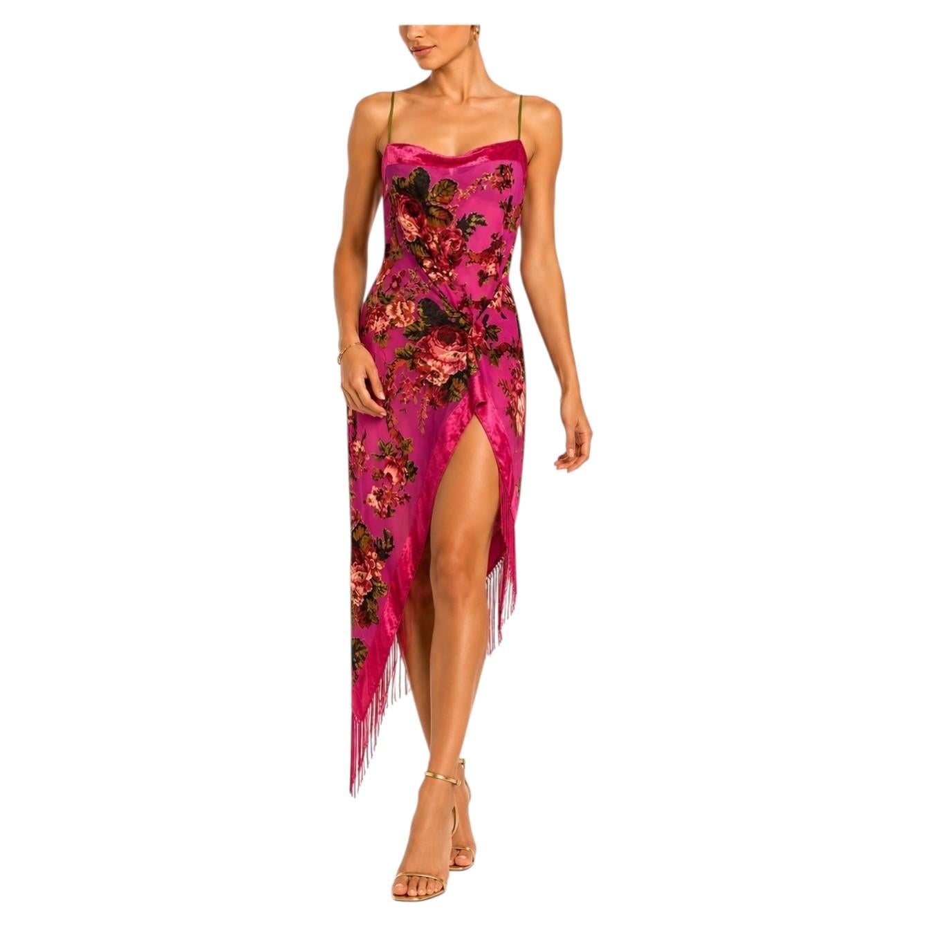 MC Hot Pink Floral Sheer Burnout Velvet Cocktail Dress with Fringe For Sale