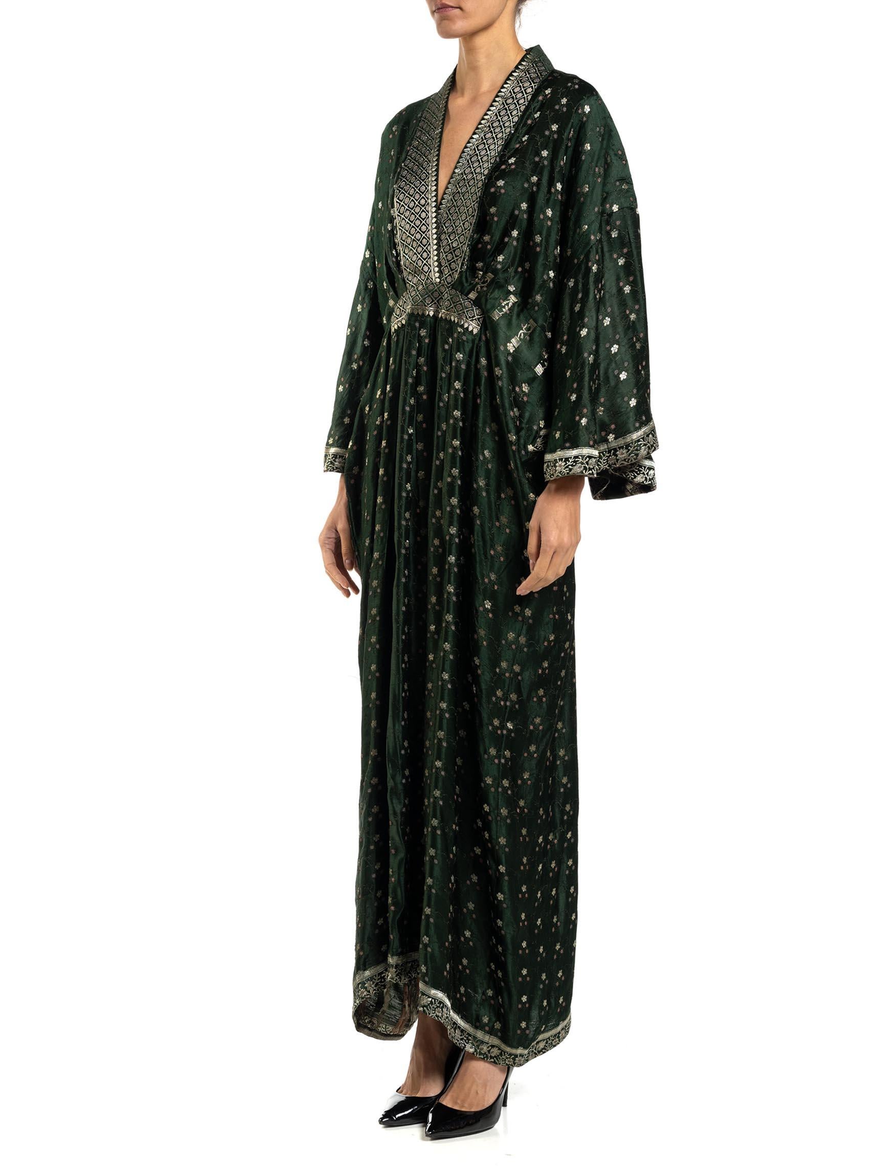 MORPHEW COLLECTION Hunter Green, Silver & Pink Floral Silk Kaftan Made From Vin 6