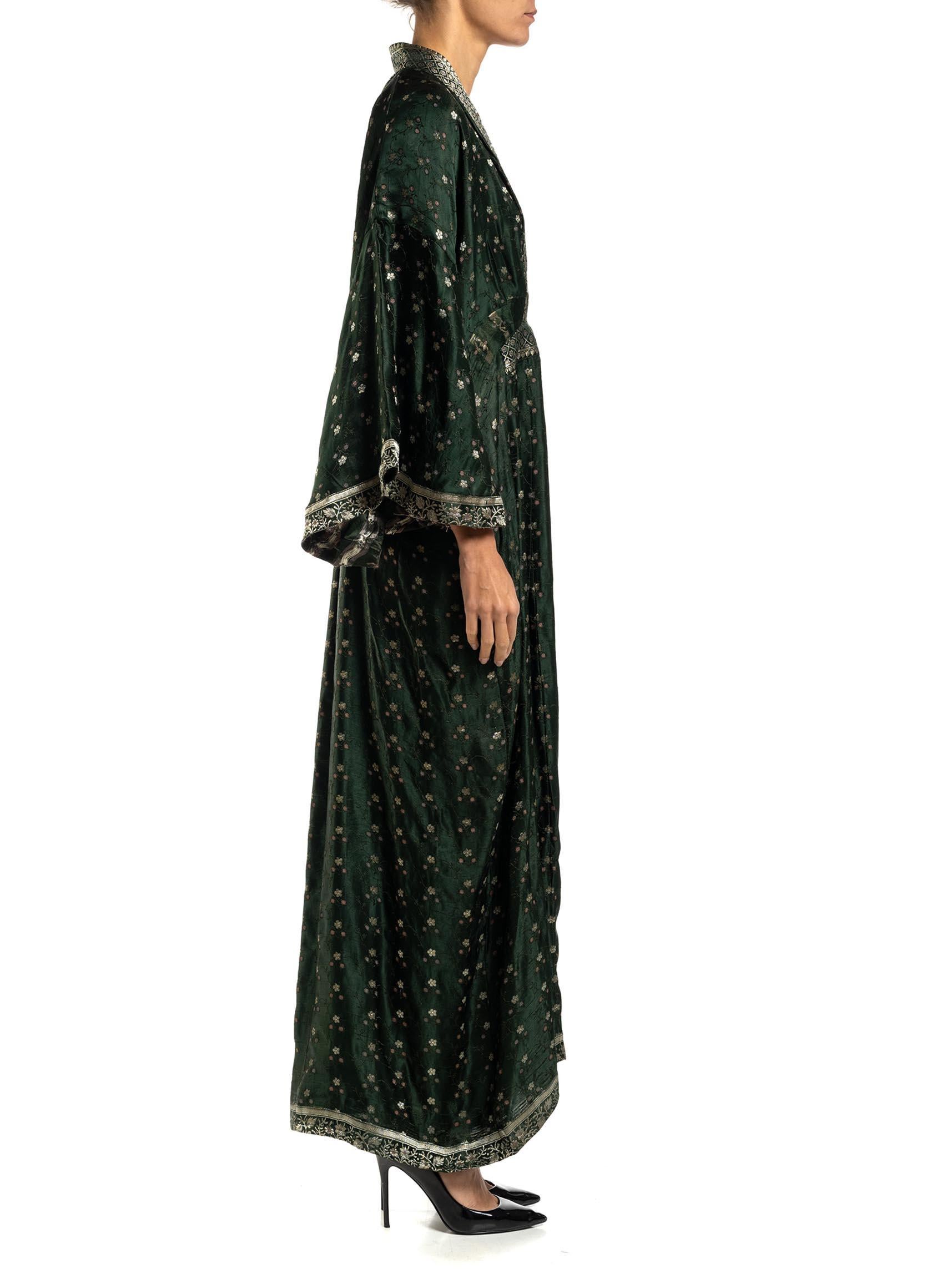 MORPHEW COLLECTION Hunter Green, Silver & Pink Floral Silk Kaftan Made From Vin In Excellent Condition In New York, NY