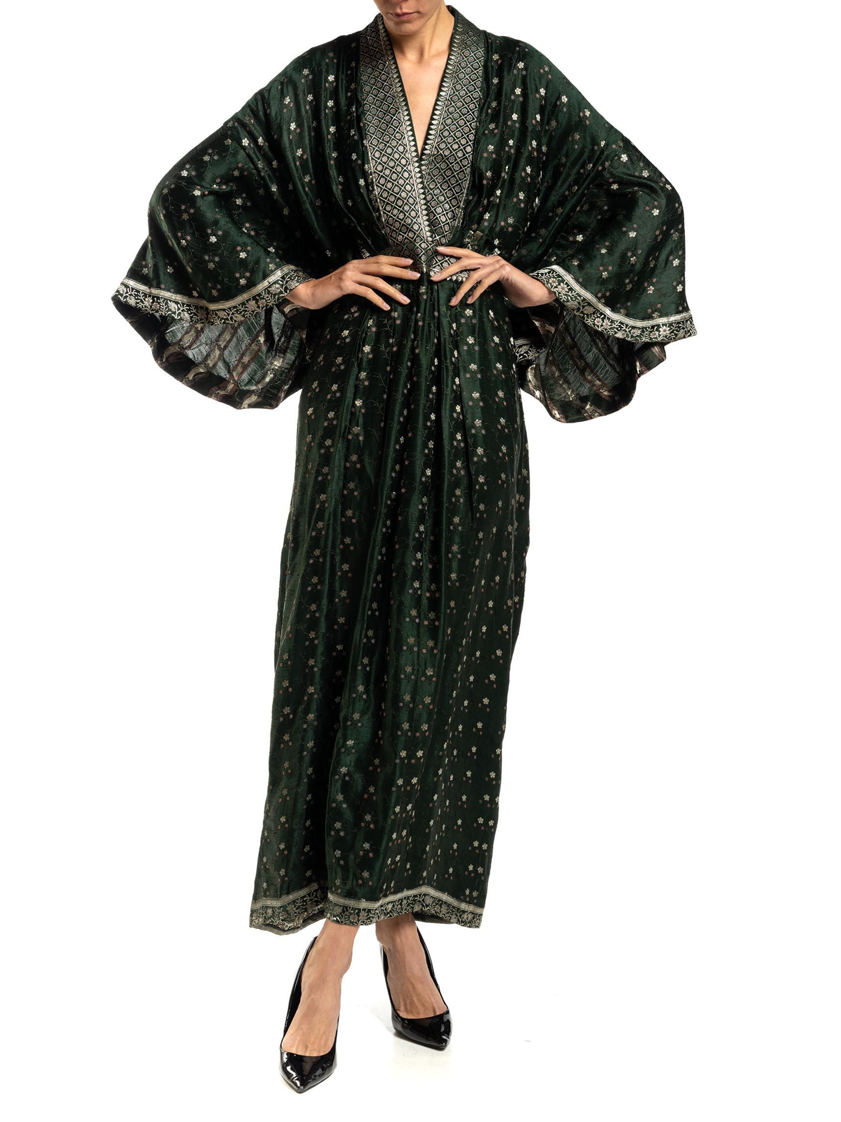 MORPHEW COLLECTION Hunter Green, Silver & Pink Floral Silk Kaftan Made From Vin 1