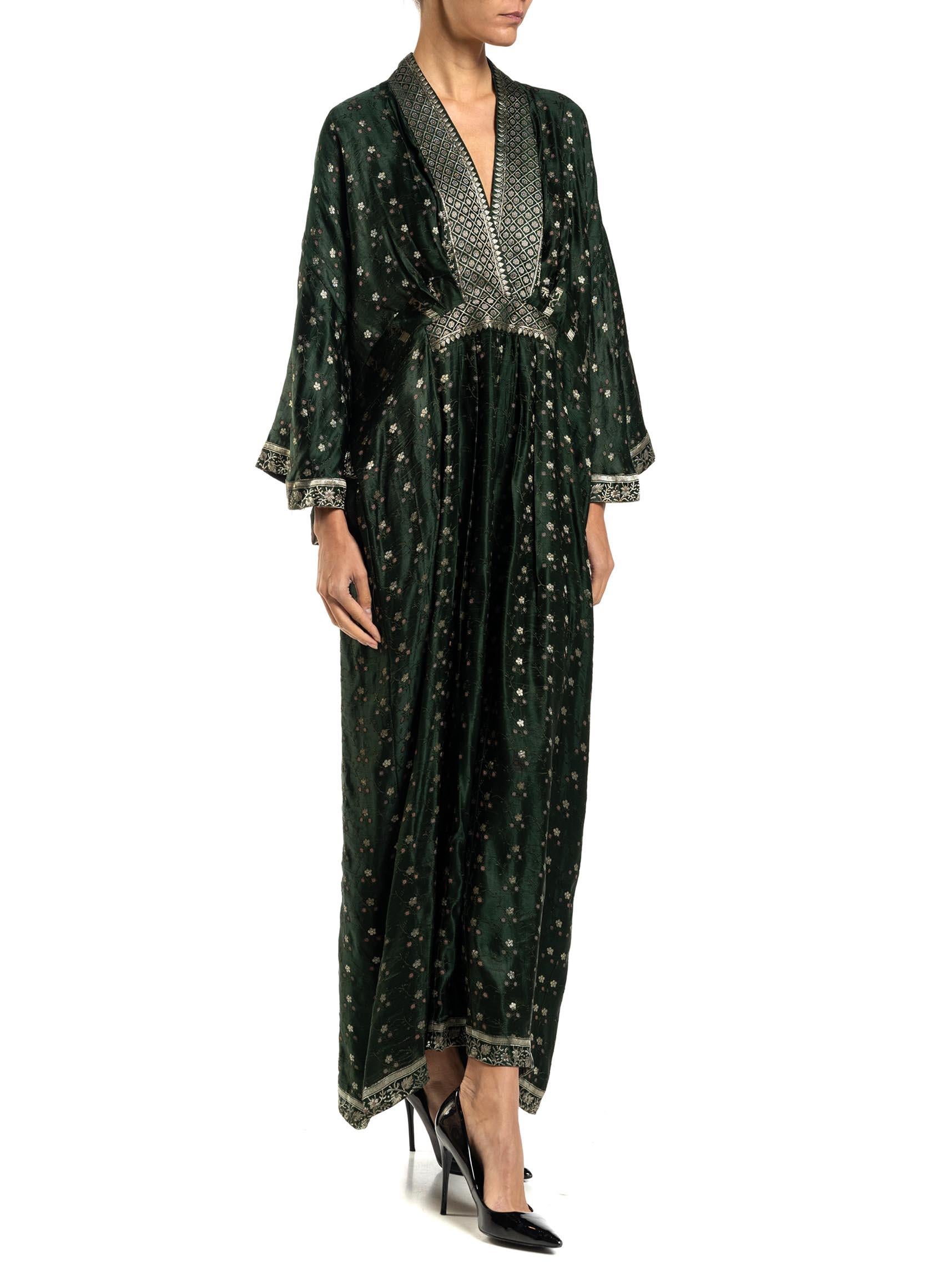 MORPHEW COLLECTION Hunter Green, Silver & Pink Floral Silk Kaftan Made From Vin 2
