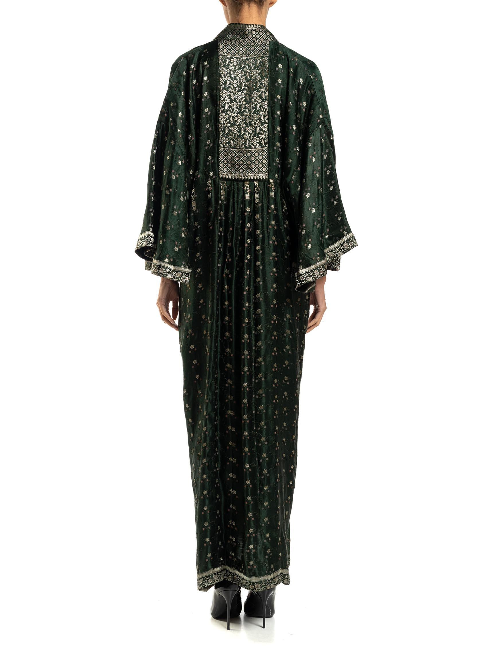 MORPHEW COLLECTION Hunter Green, Silver & Pink Floral Silk Kaftan Made From Vin 3