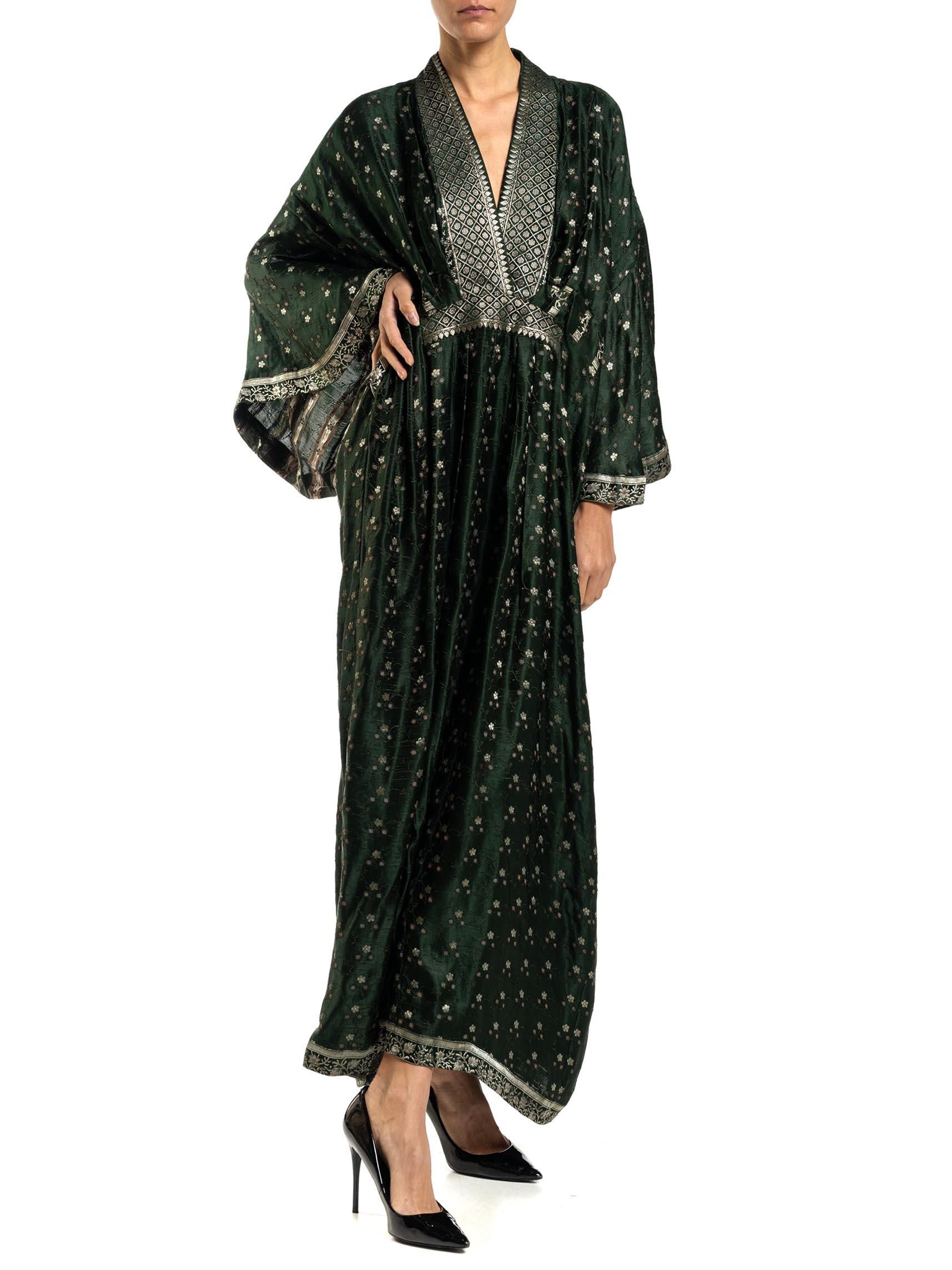 MORPHEW COLLECTION Hunter Green, Silver & Pink Floral Silk Kaftan Made From Vin 4