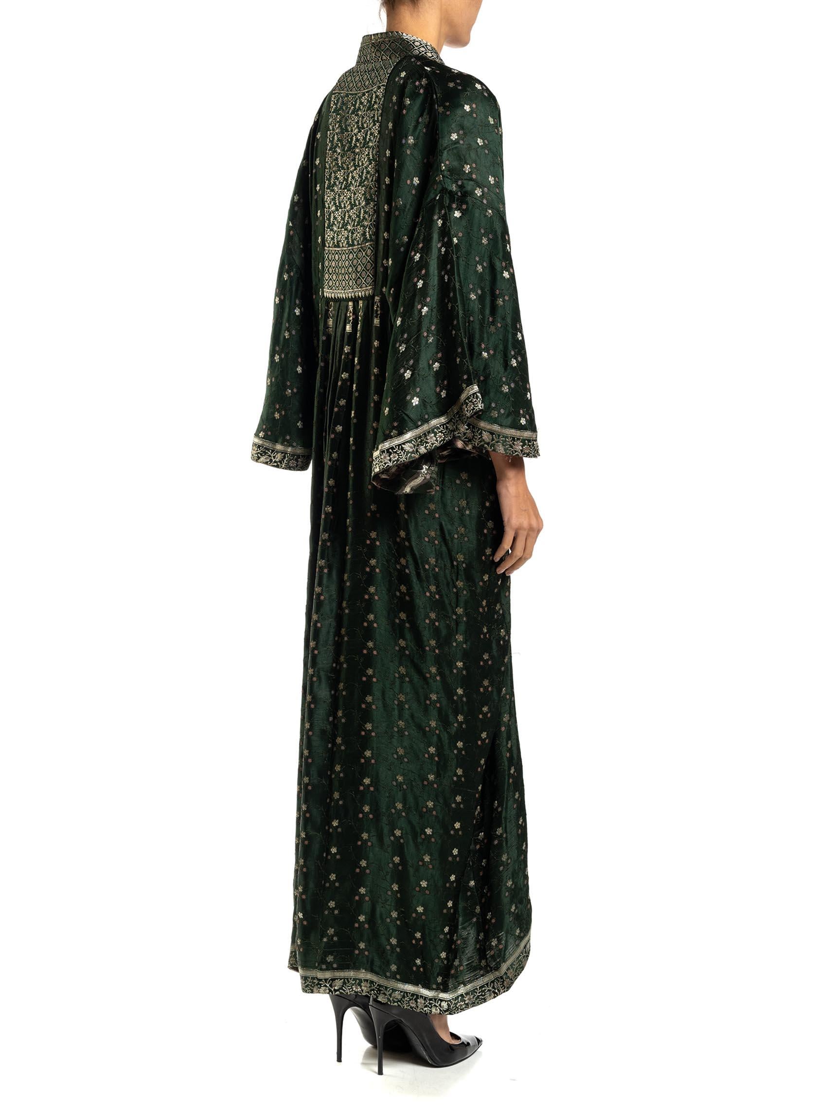 MORPHEW COLLECTION Hunter Green, Silver & Pink Floral Silk Kaftan Made From Vin 5