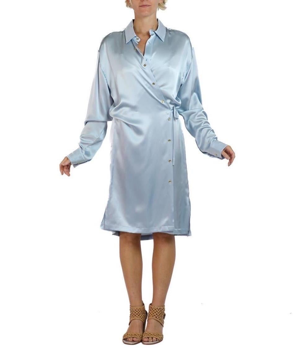 Morphew Collection Ice Blue Silk Charmeuse Oversized Button Down Shirt Dress For Sale 6