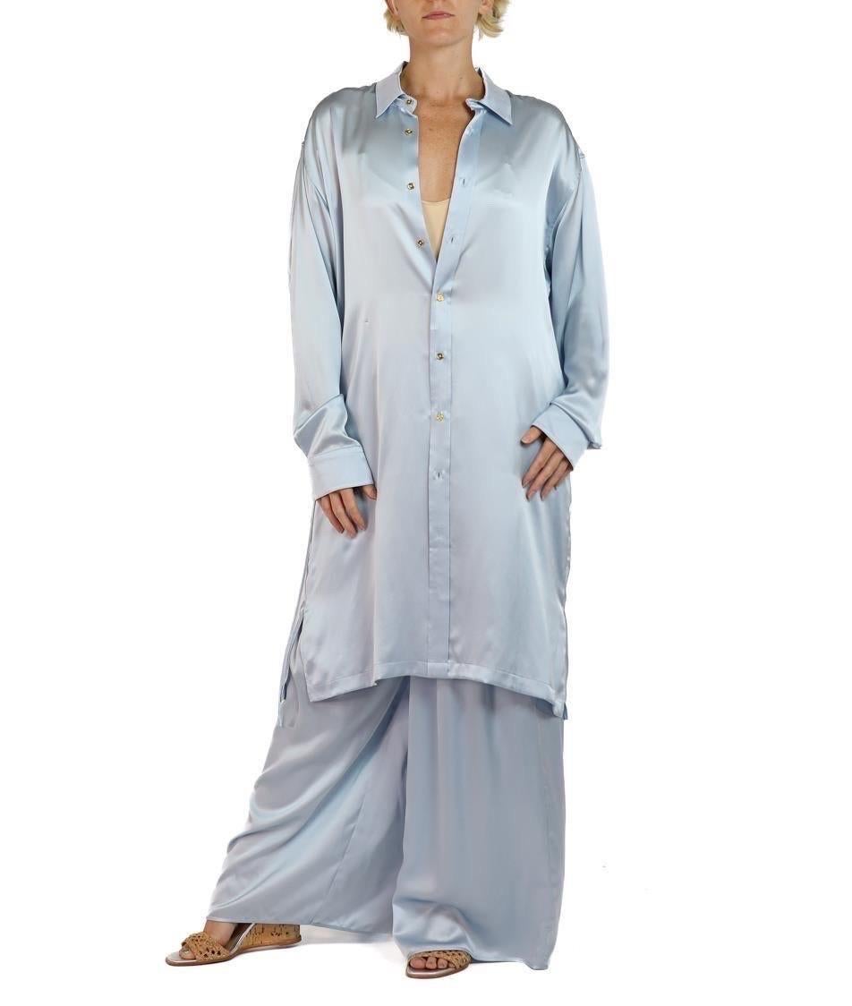Morphew Collection Ice Blue Silk Charmeuse Oversized Button Down Shirt Dress In Excellent Condition For Sale In New York, NY