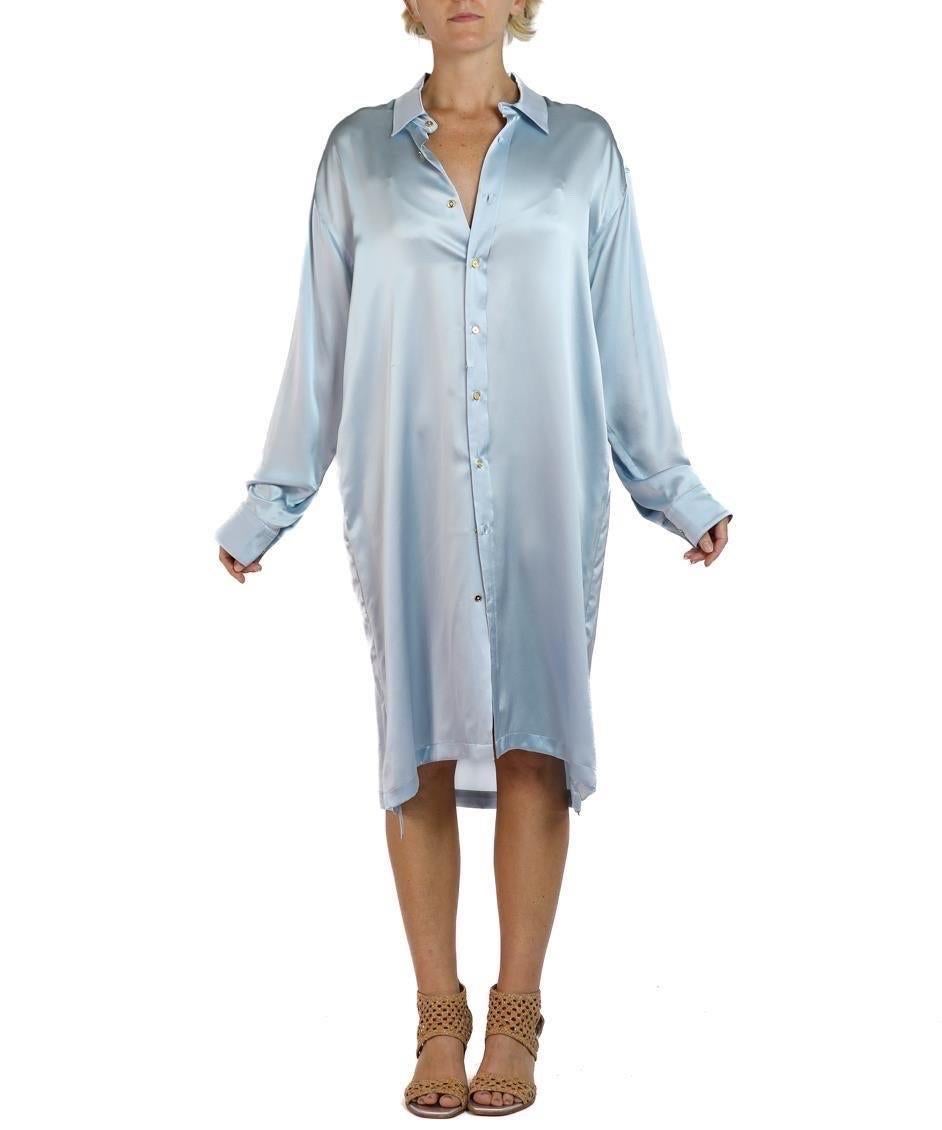 Morphew Collection Ice Blue Silk Charmeuse Oversized Button Down Shirt Dress For Sale 1