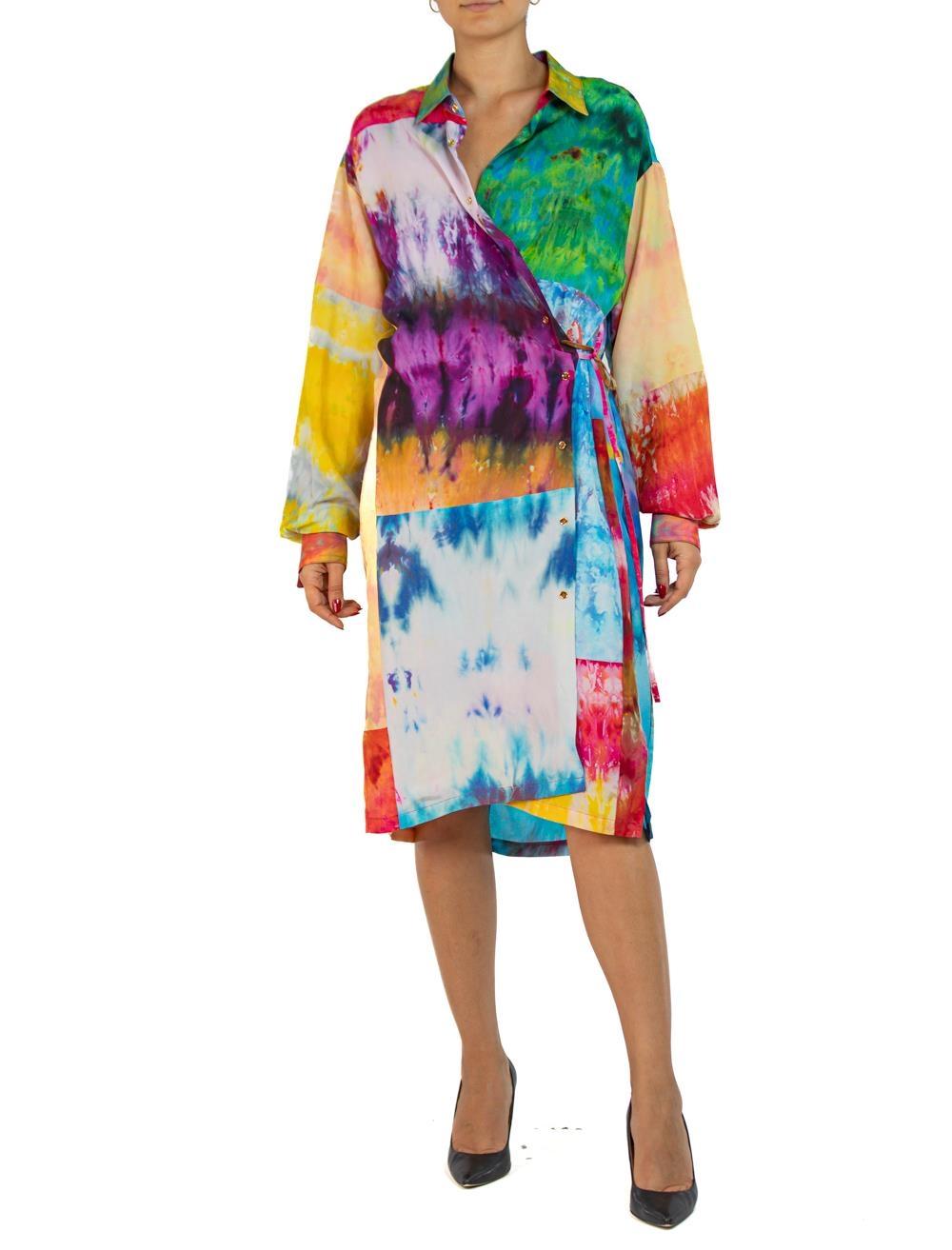 MORPHEW COLLECTION Ice Dye Silk Oversized Button Down Shirt Dress For Sale 1