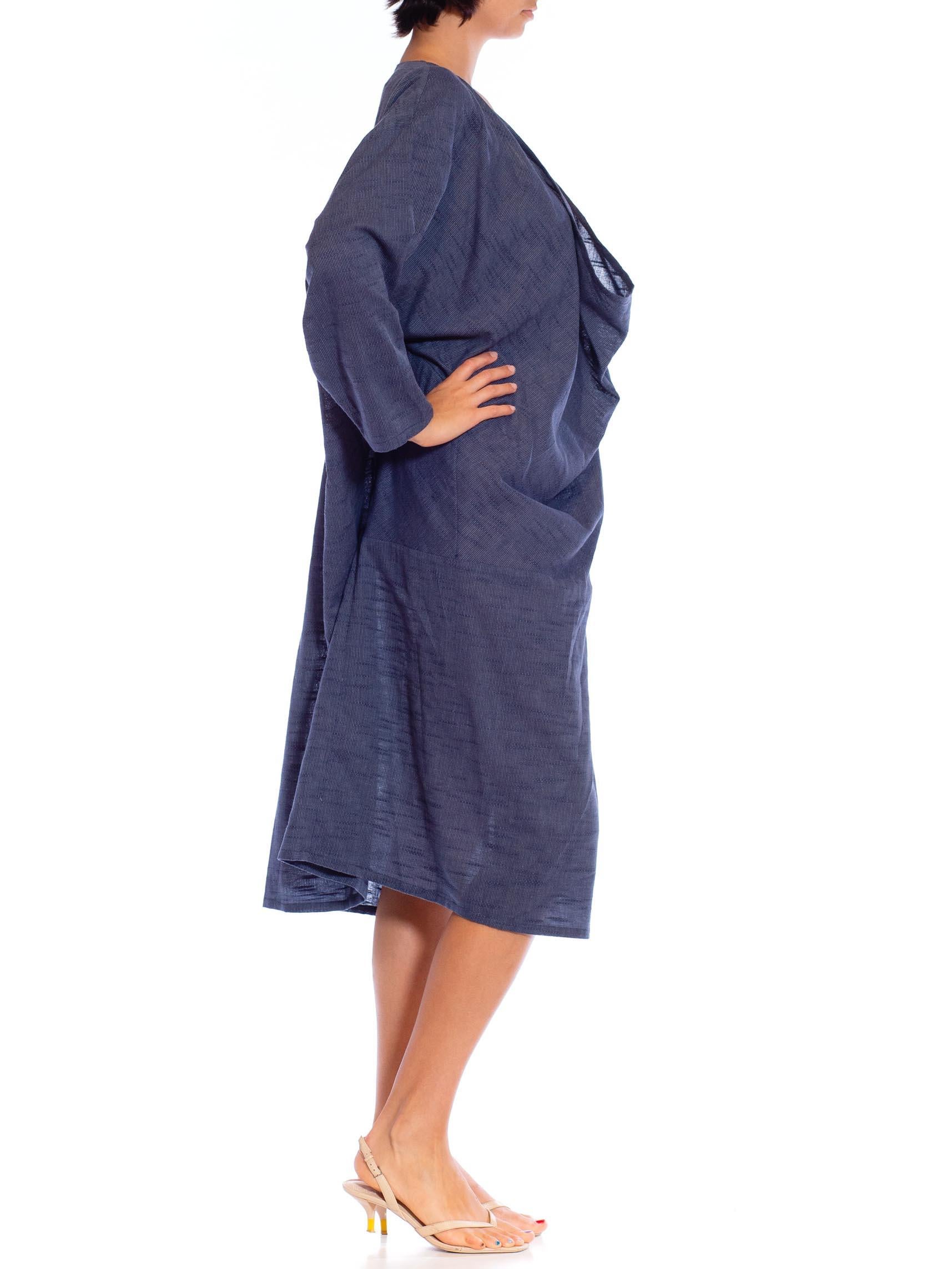 MORPHEW COLLECTION Indigo Blue Cotton Unisex Cowl Neck Tunic Kaftan In Excellent Condition For Sale In New York, NY