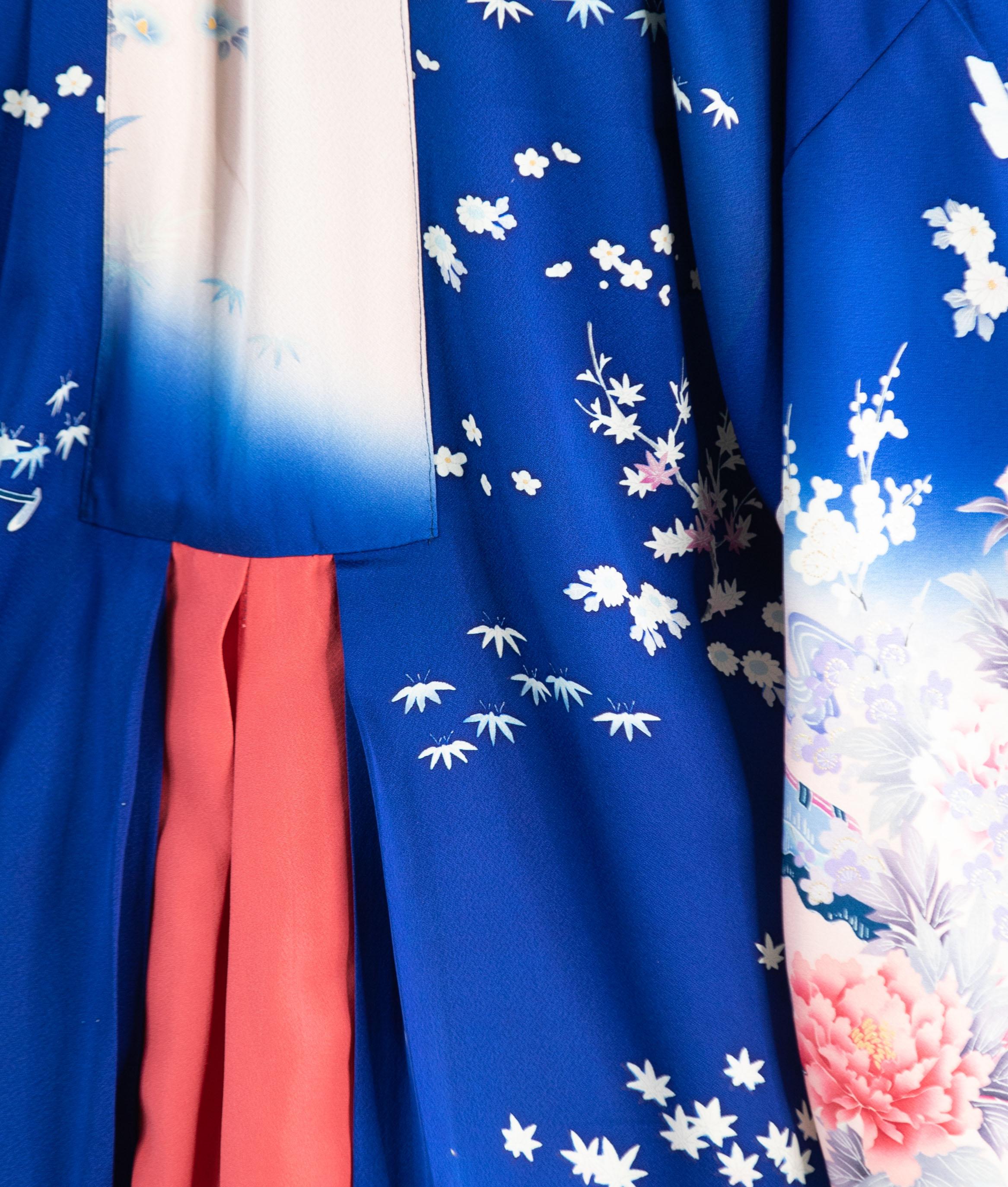MORPHEW COLLECTION Indigo Blue Hot Pink Japanese Kimono Silk Kaftan For Sale 6