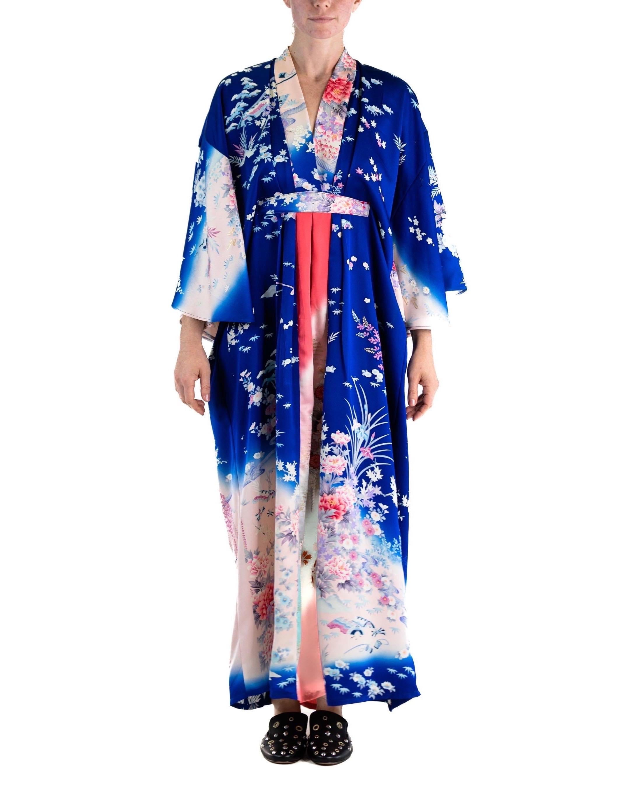 MORPHEW COLLECTION Indigo Blue Hot Pink Japanese Kimono Silk Kaftan In Excellent Condition For Sale In New York, NY