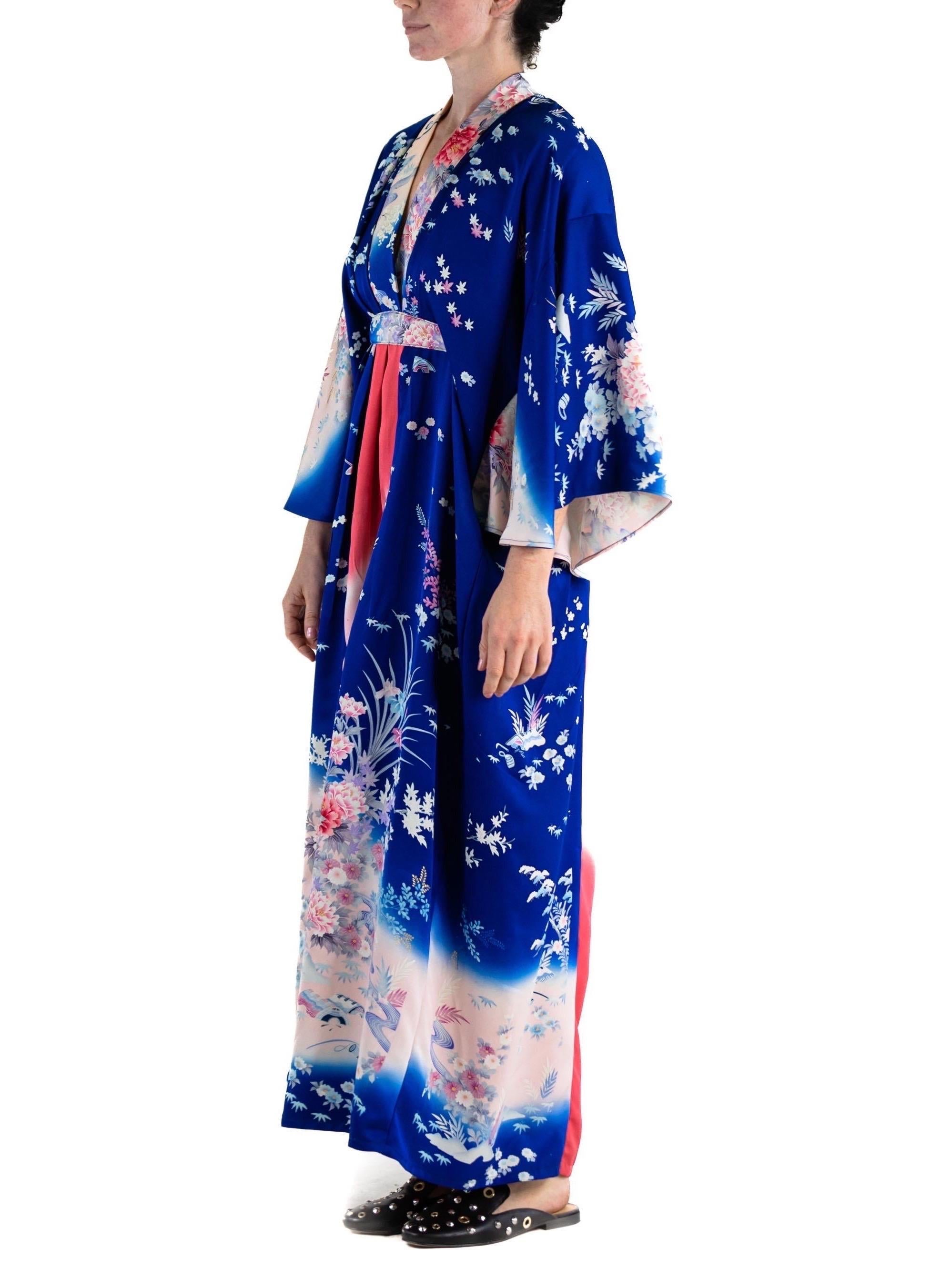 Women's or Men's MORPHEW COLLECTION Indigo Blue Hot Pink Japanese Kimono Silk Kaftan For Sale