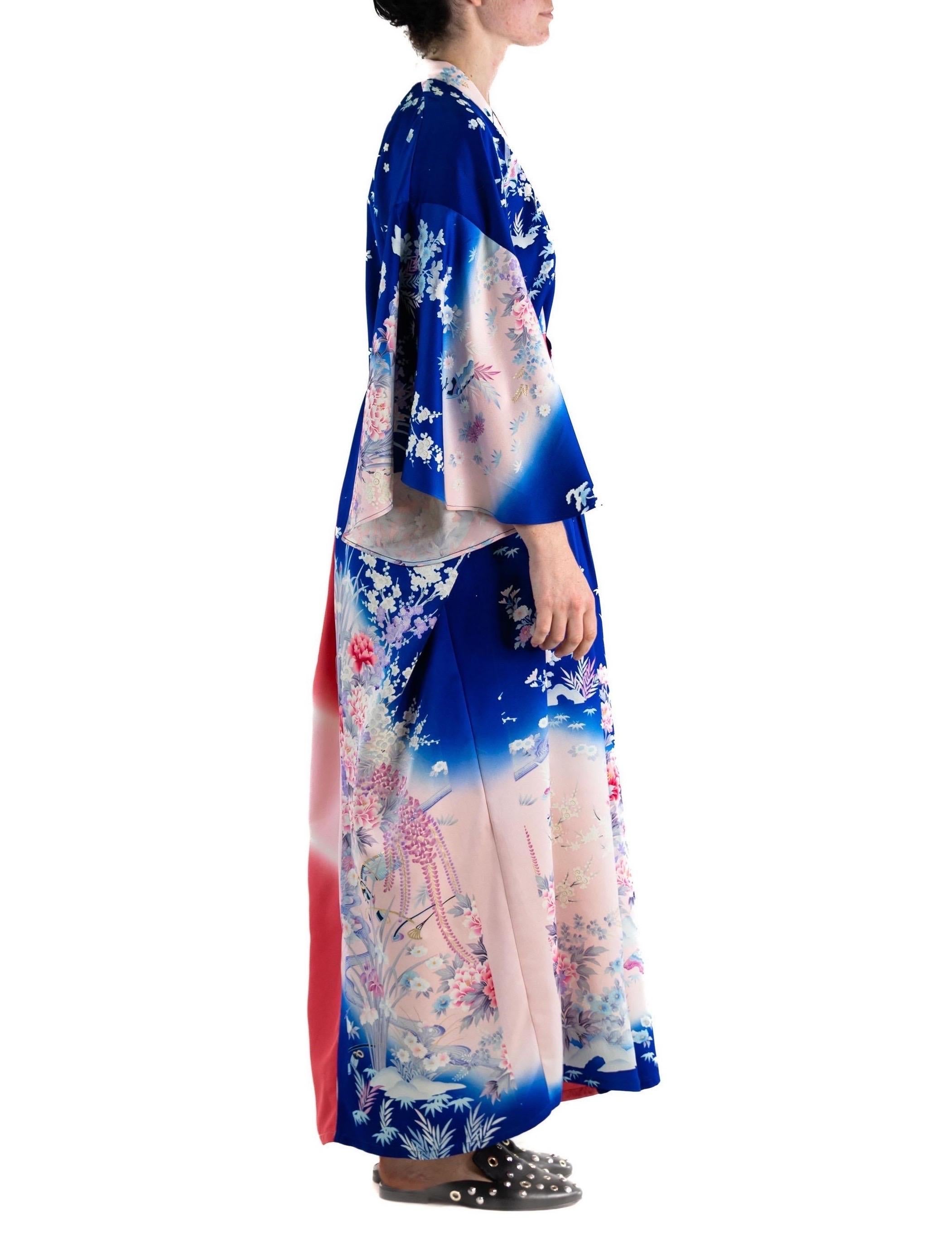 MORPHEW COLLECTION Indigo Blue Hot Pink Japanese Kimono Silk Kaftan For Sale 1