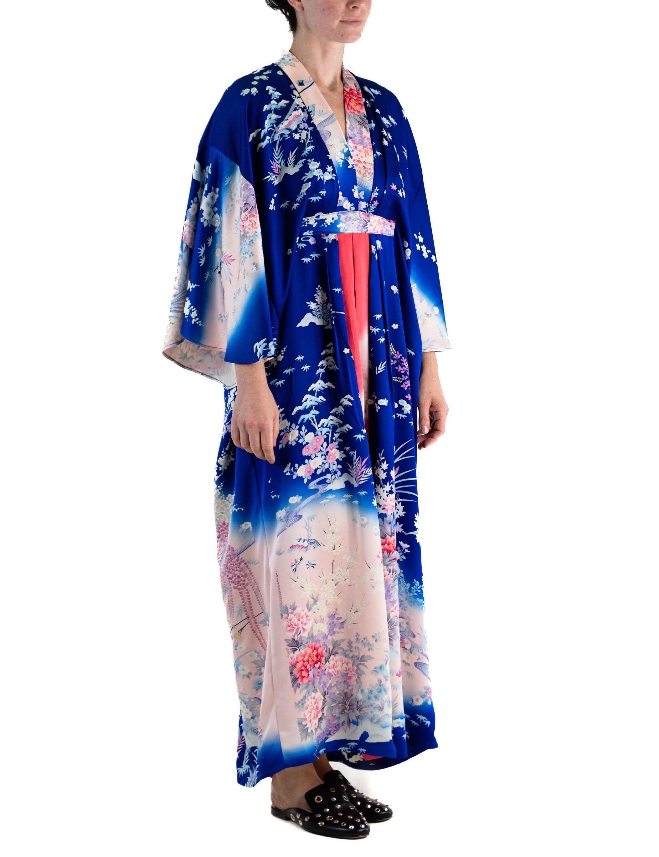 MORPHEW COLLECTION Indigo Blue Hot Pink Japanese Kimono Silk Kaftan For Sale 2