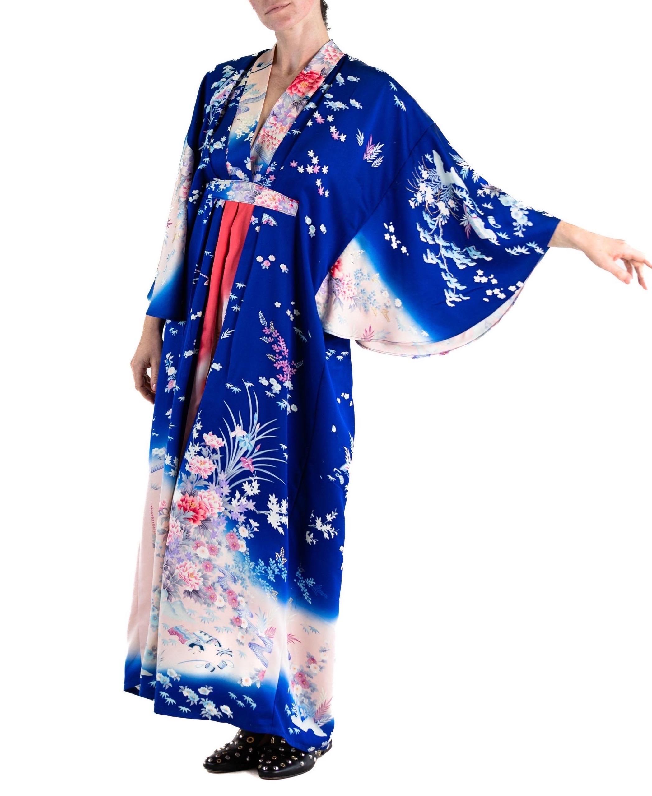 MORPHEW COLLECTION Indigo Blue Hot Pink Japanese Kimono Silk Kaftan For Sale 3