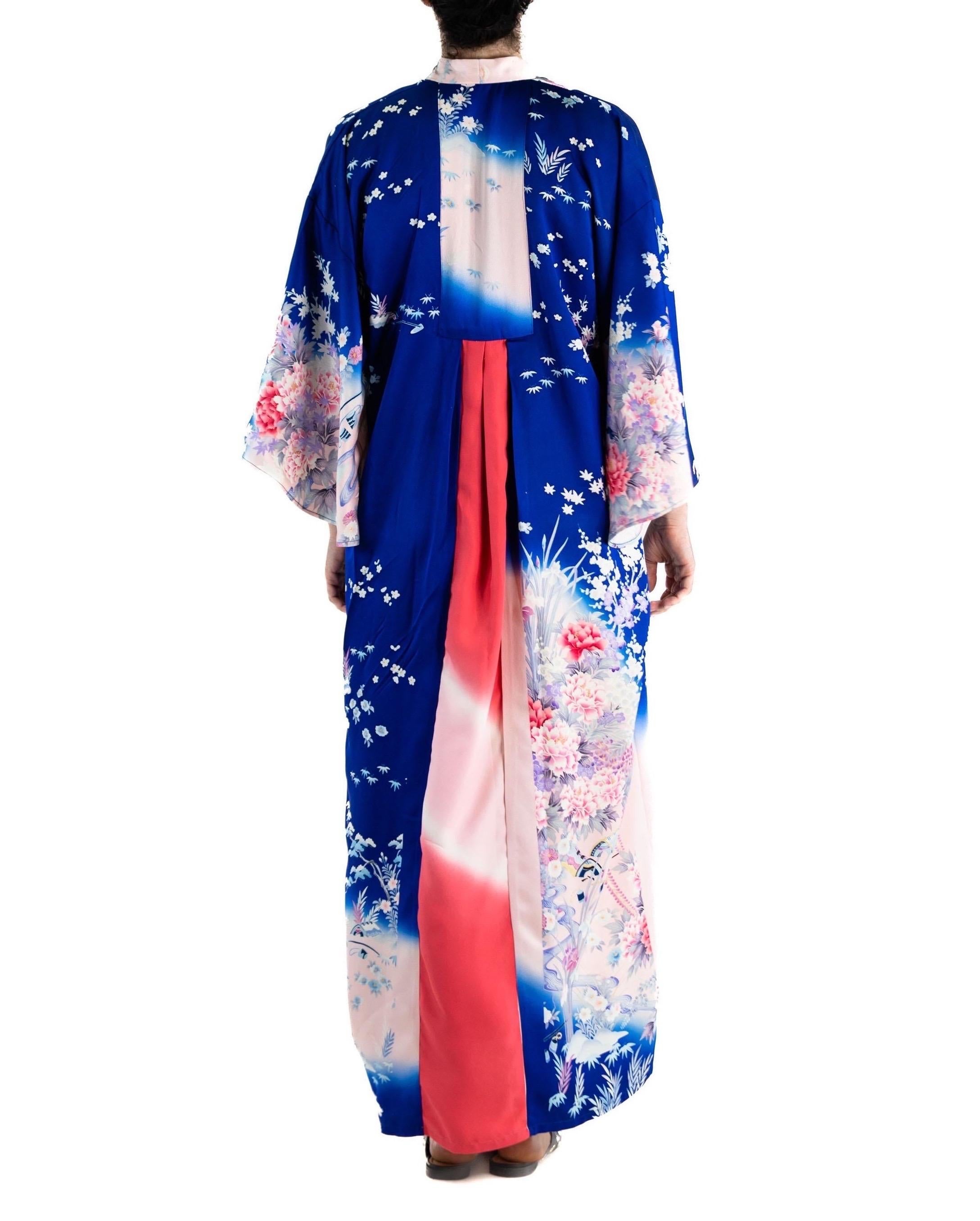 MORPHEW COLLECTION Indigo Blue Hot Pink Japanese Kimono Silk Kaftan For Sale 4