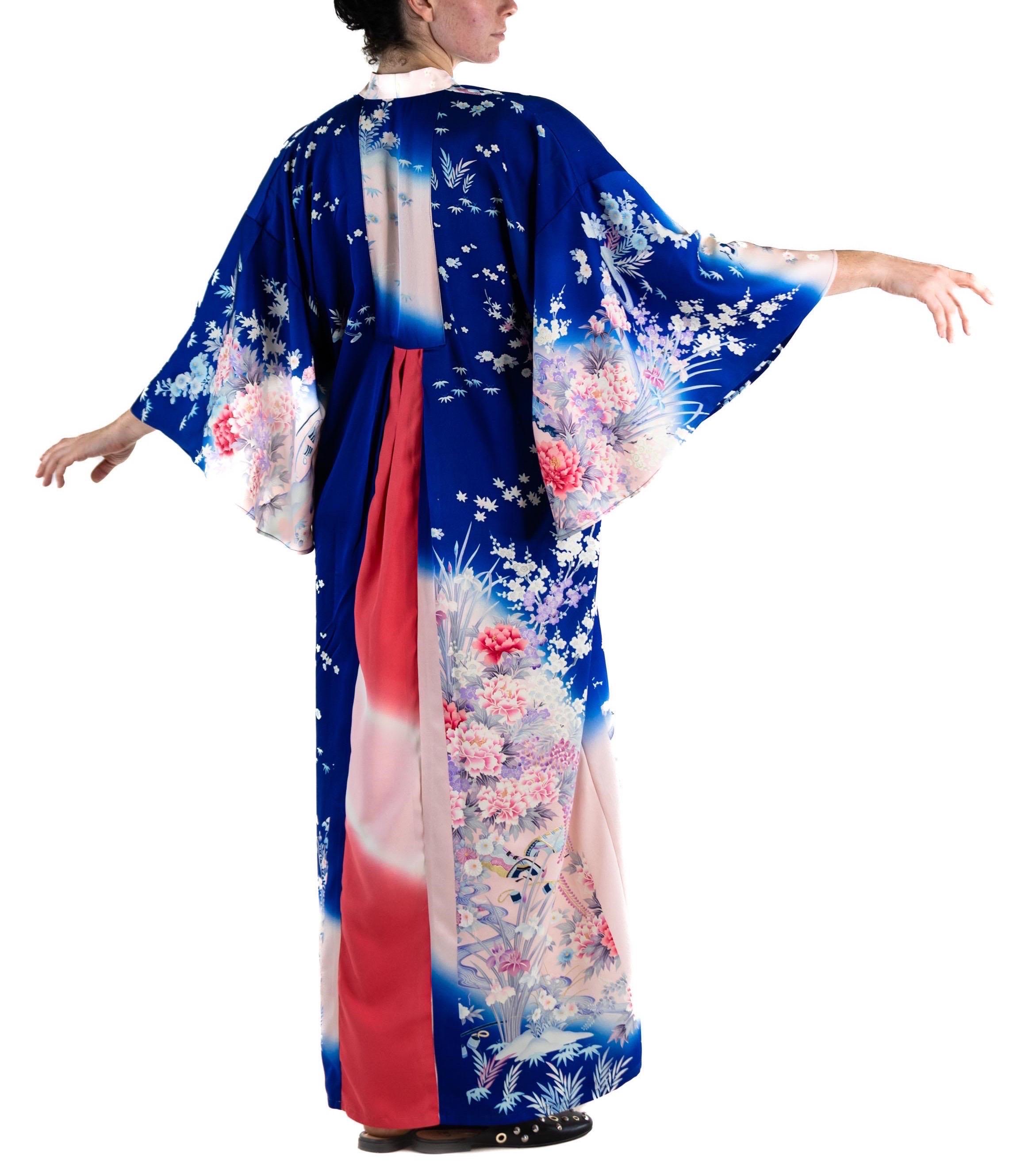 MORPHEW COLLECTION Indigo Blue Hot Pink Japanese Kimono Silk Kaftan For Sale 5
