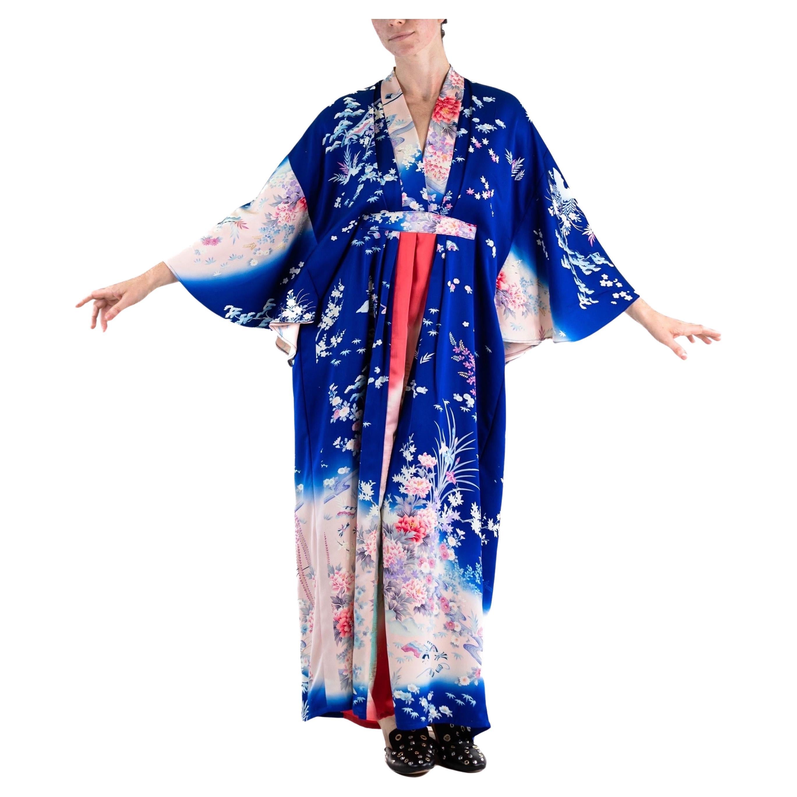 MORPHEW COLLECTION Indigo Blue Hot Pink Japanese Kimono Silk Kaftan For Sale