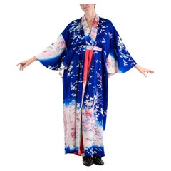 MORPHEW COLLECTION Indigoblauer, heißer, rosafarbener, japanischer Kimono-Seiden Kaftan