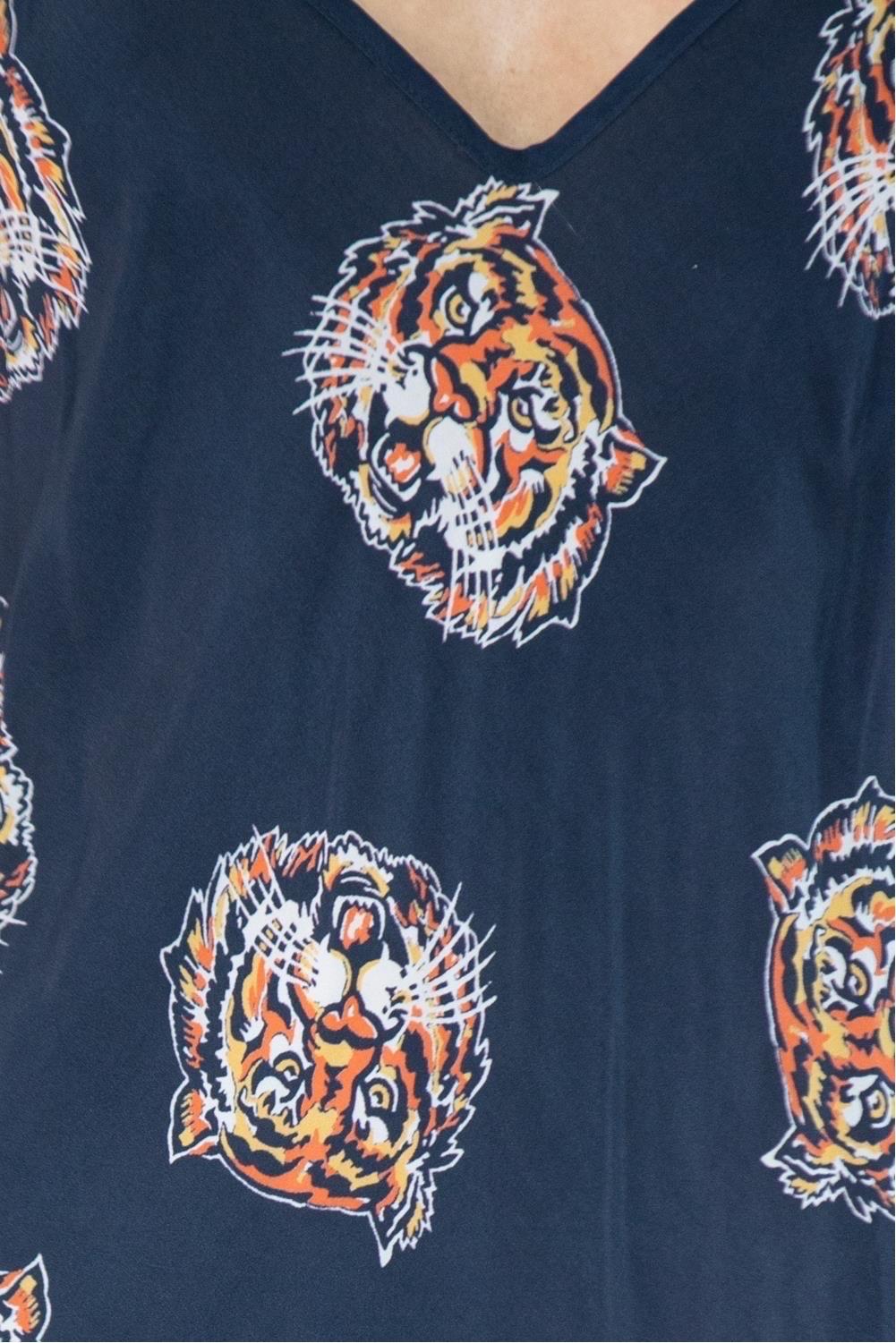 Morphew Collection Indigo Blue & Orange Tiger Head Novelty Print Cold Rayon Bias For Sale 4