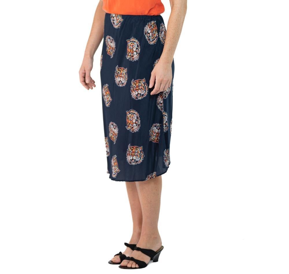 Morphew Collection Indigo Blue Tiger Head Novelty Print Cold Rayon Bias Skirt M In Excellent Condition For Sale In New York, NY