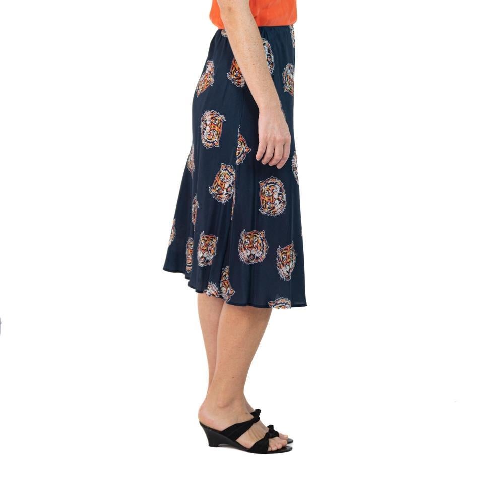 Morphew Collection Indigo Blue Tiger Head Novelty Print Cold Rayon Bias Skirt M For Sale 2