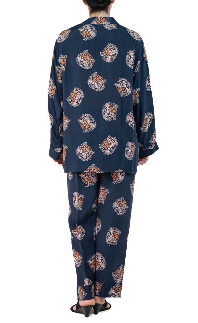 Morphew Collection Indigo Blue Tiger Head Print Cold Rayon Bias Pajamas For Sale 2