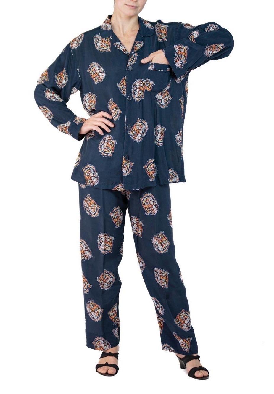Morphew Collection Indigo Blue Tiger Head Print Cold Rayon Bias Pajamas For Sale 3