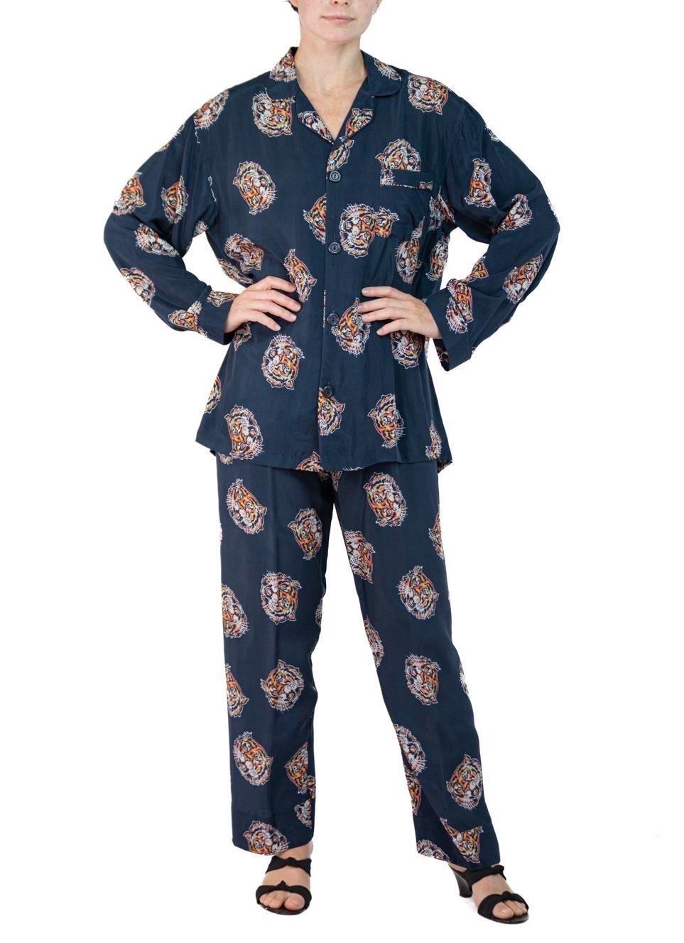 Morphew Collection Indigo Blue Tiger Head Print Cold Rayon Bias Pajamas For Sale 4