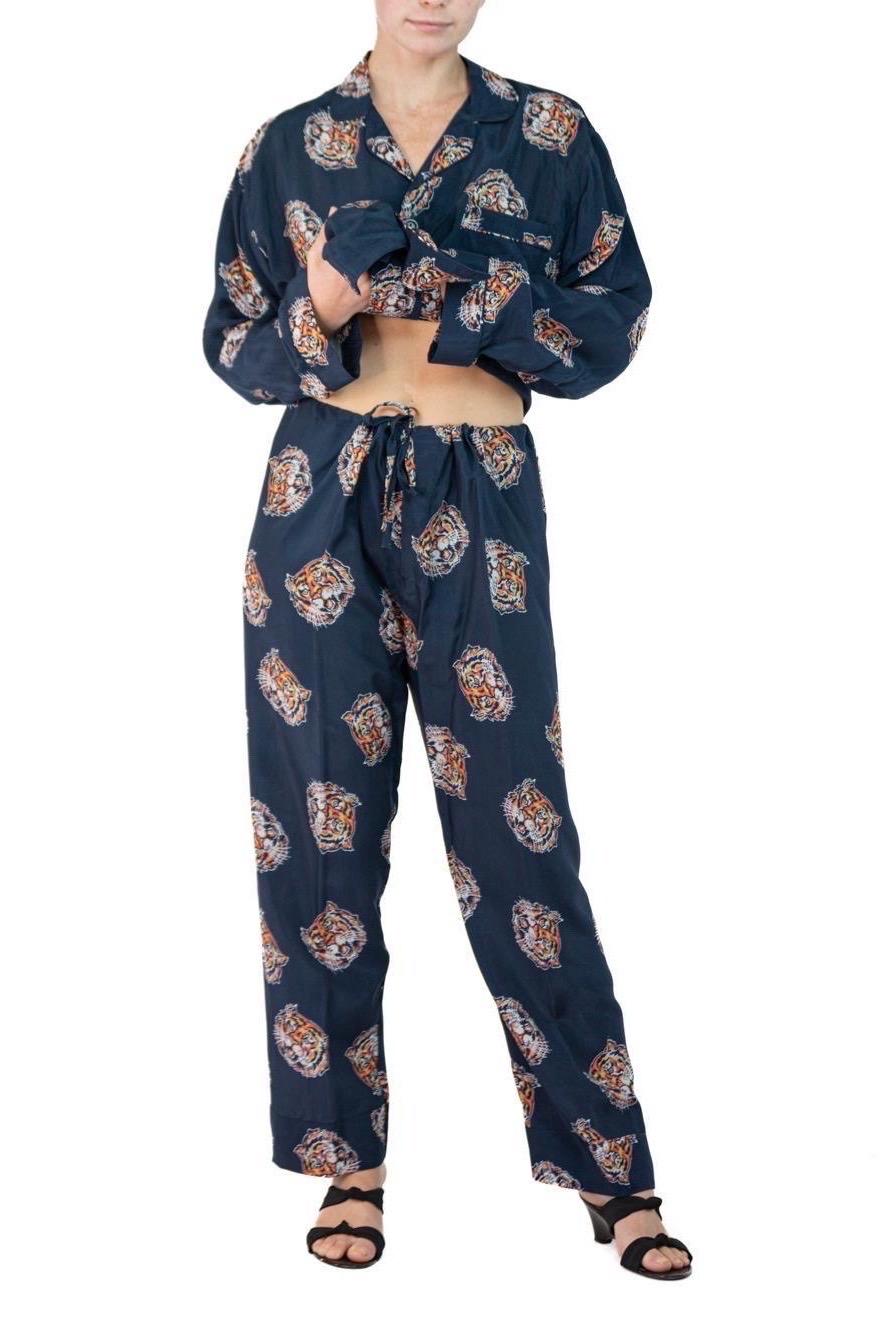 Morphew Collection Indigo Blue Tiger Head Print Cold Rayon Bias Pajamas For Sale 5