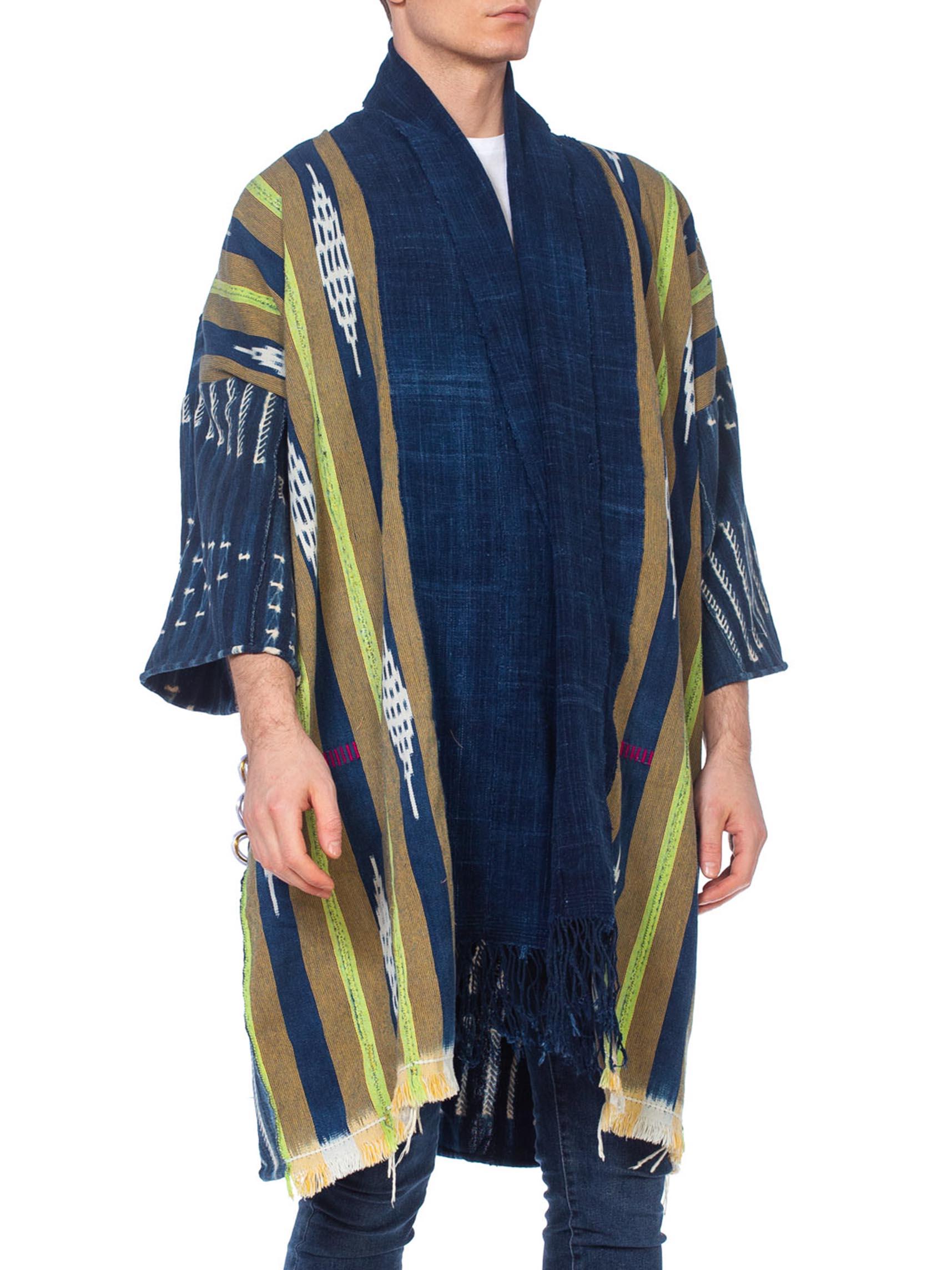 MORPHEW COLLECTION Indigo Kimono With Hawaiian 1970'S French Nude Embroidery In Excellent Condition In New York, NY