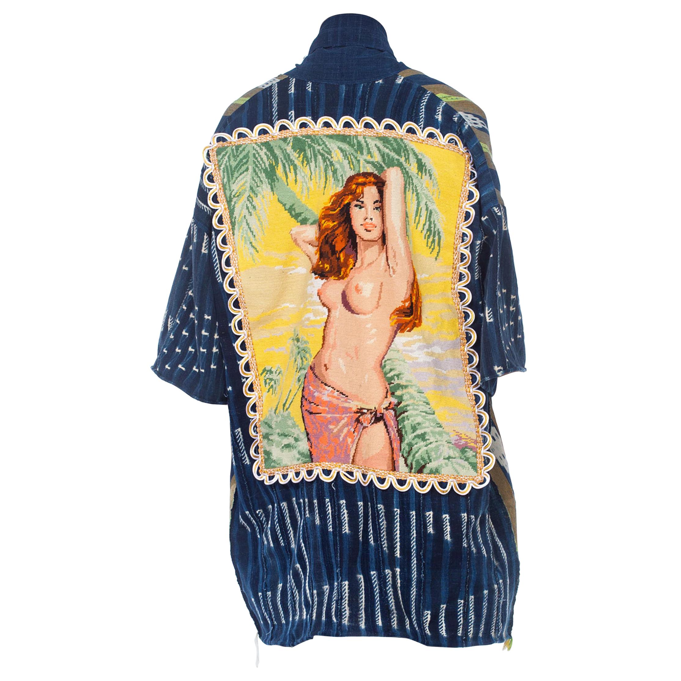 MORPHEW COLLECTION Indigo Kimono With Hawaiian 1970'S French Nude Embroidery