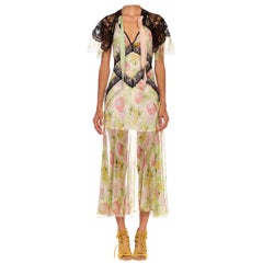 MORPHEW COLLECTION Jade Green 1920'S Silk  Chiffon & Victorian Lace Halter Bias