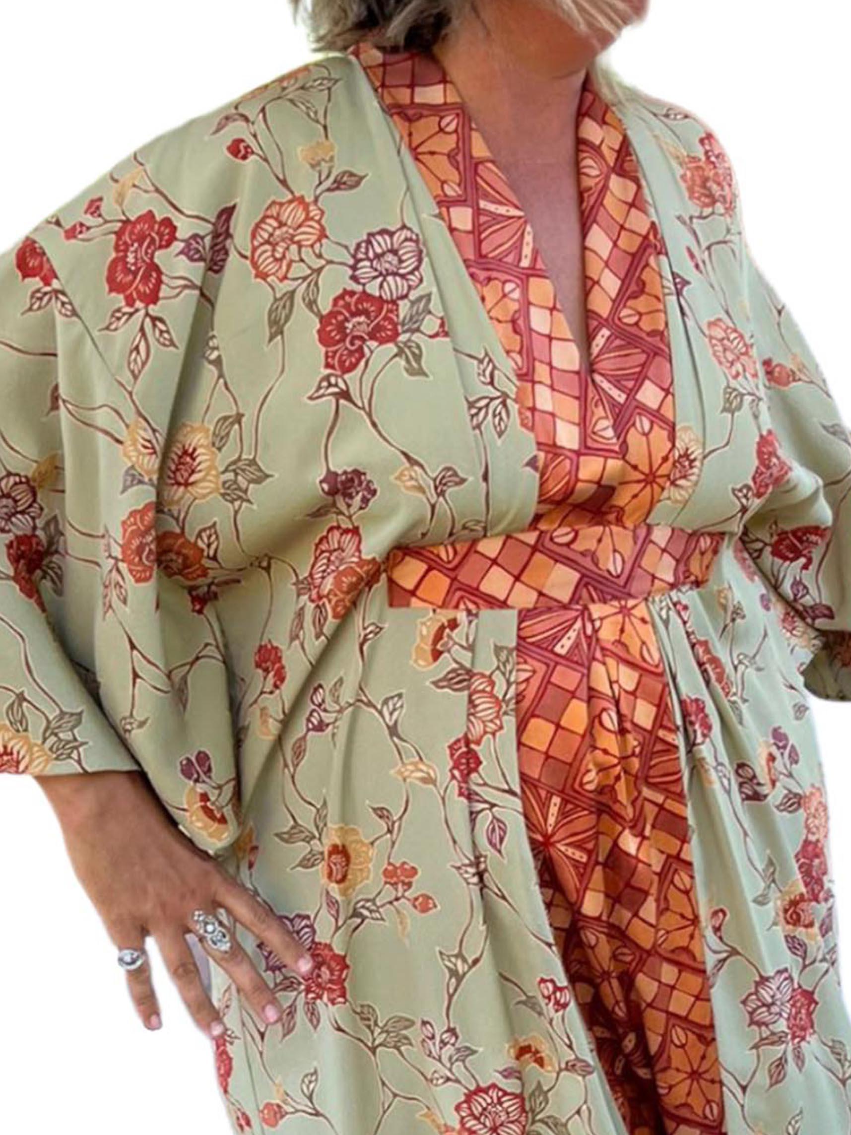 MORPHEW COLLECTION Jade Green & Orange Japanese Kimono Silk Kaftan For Sale 4