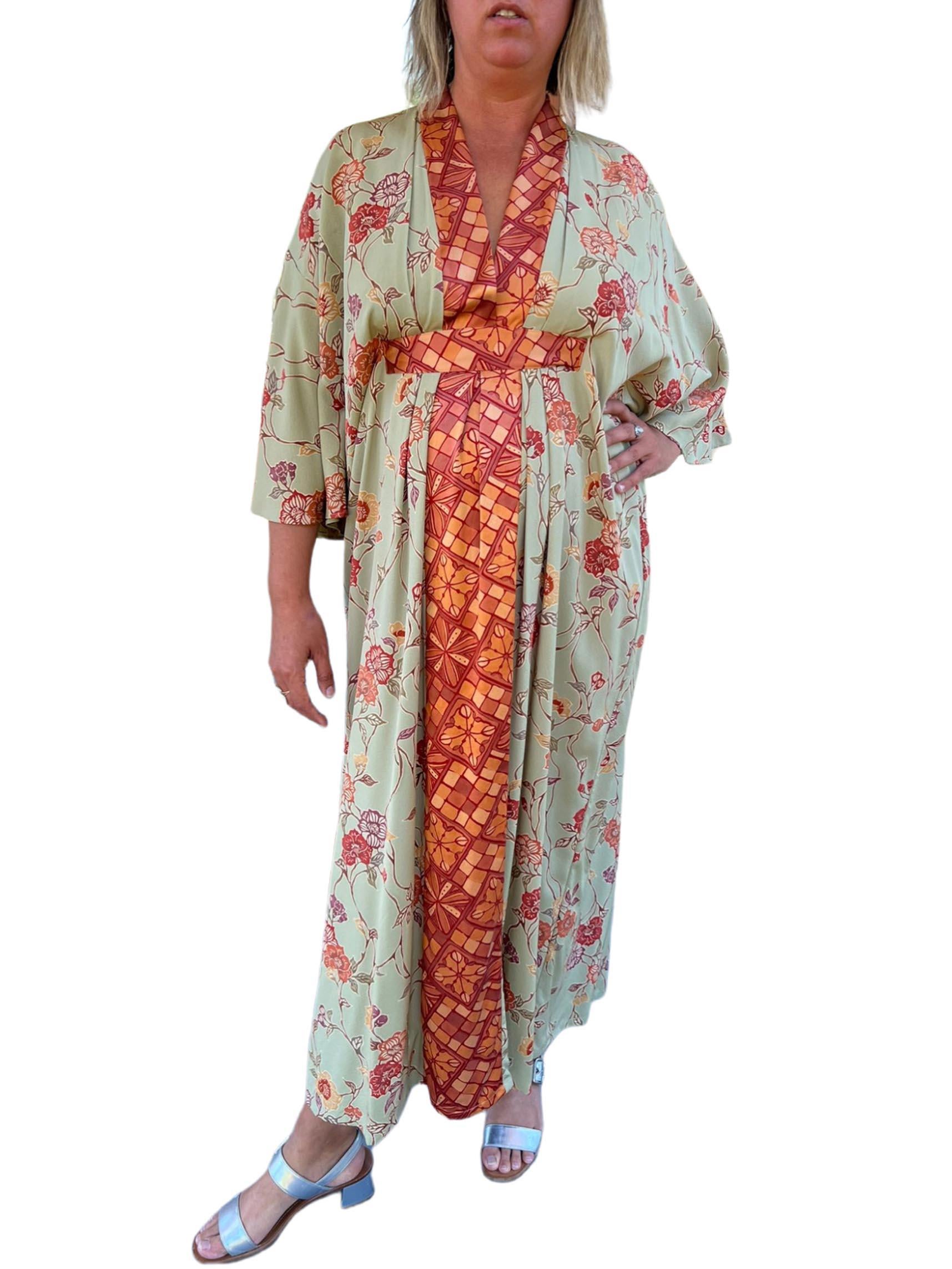 Brown MORPHEW COLLECTION Jade Green & Orange Japanese Kimono Silk Kaftan For Sale