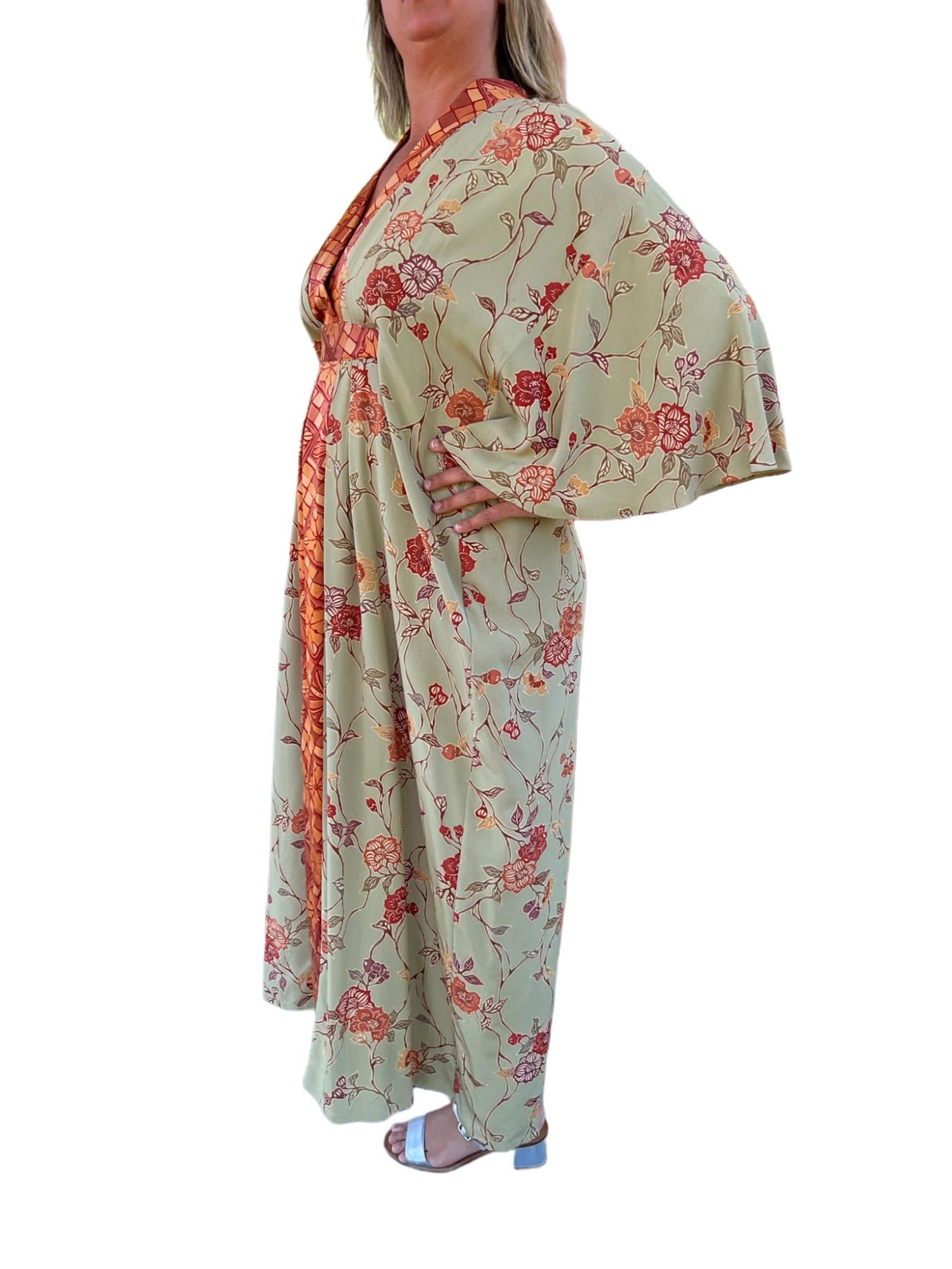 MORPHEW COLLECTION Jade Green & Orange Japanese Kimono Silk Kaftan For Sale 1