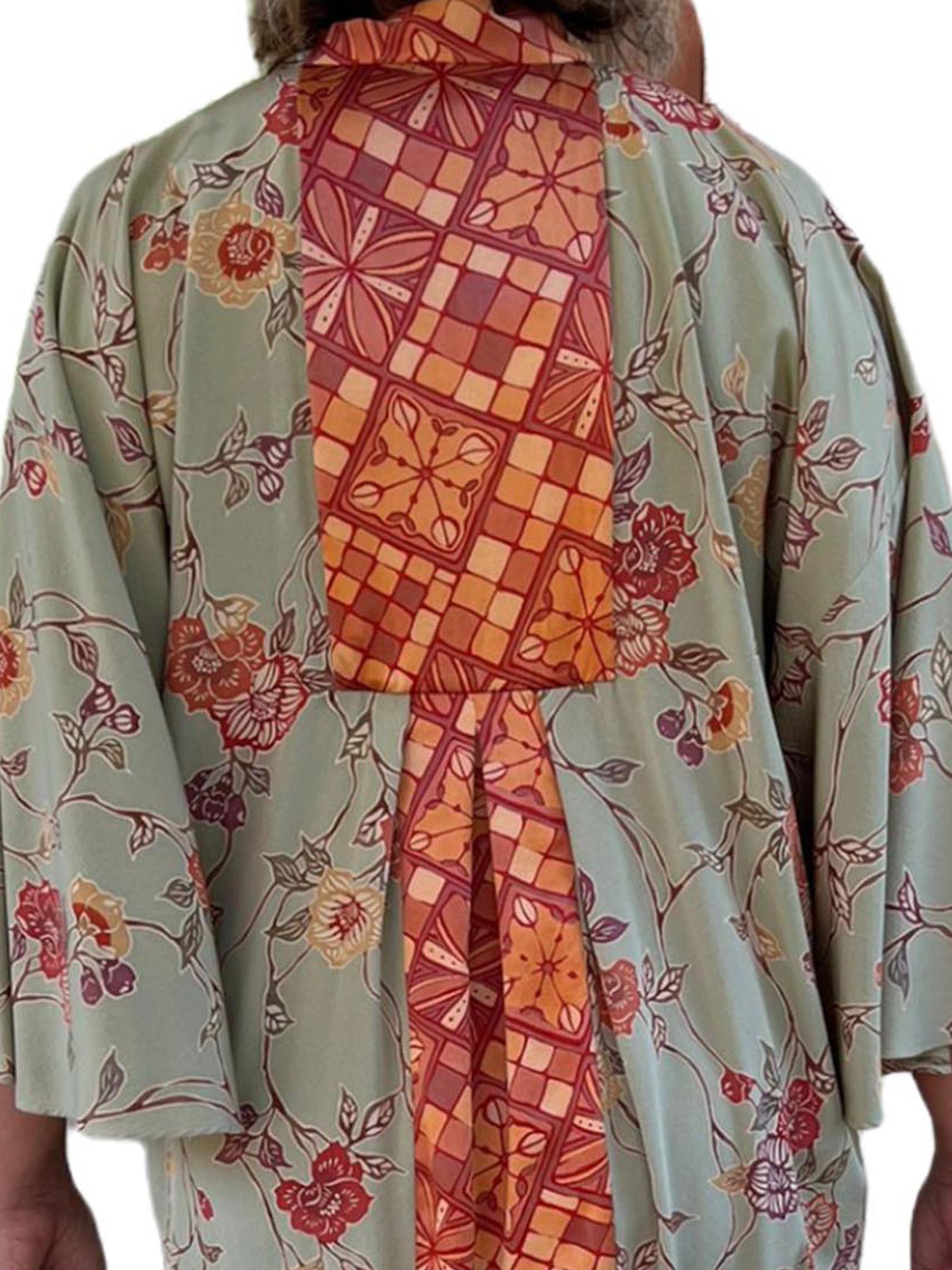 MORPHEW COLLECTION Jade Green & Orange Japanese Kimono Silk Kaftan For Sale 2