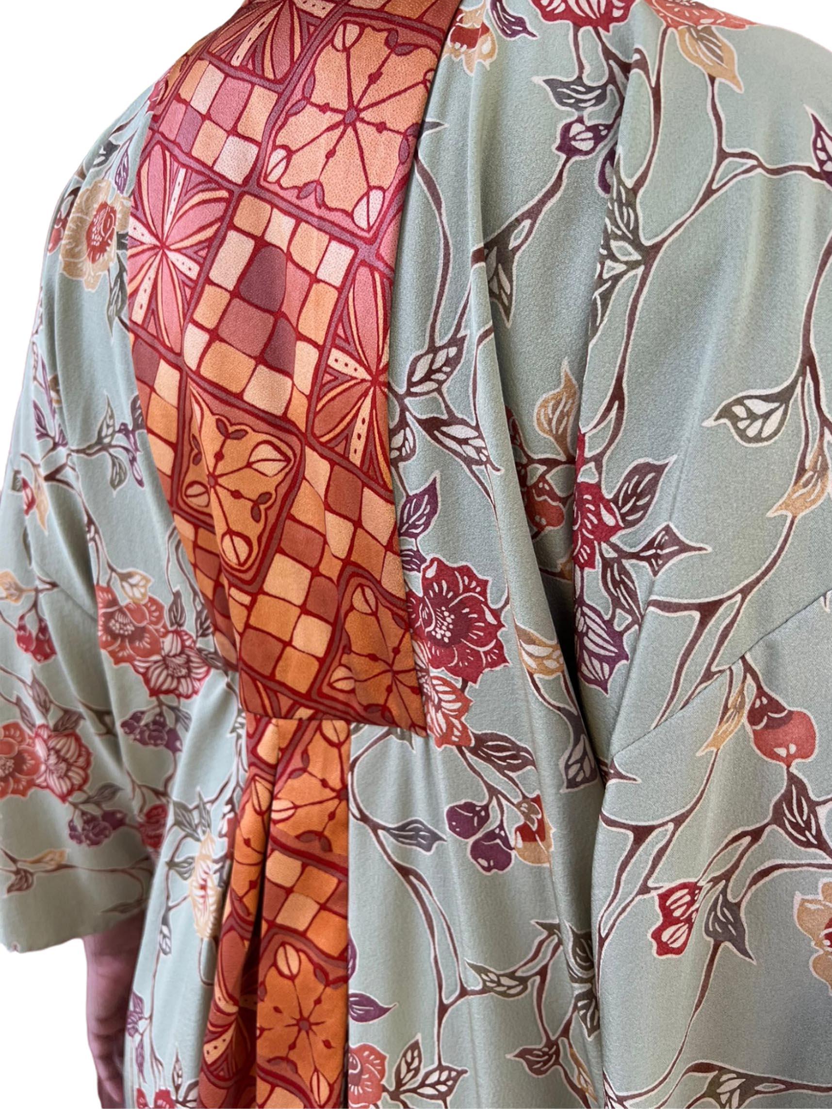 MORPHEW COLLECTION Jade Green & Orange Japanese Kimono Silk Kaftan For Sale 3