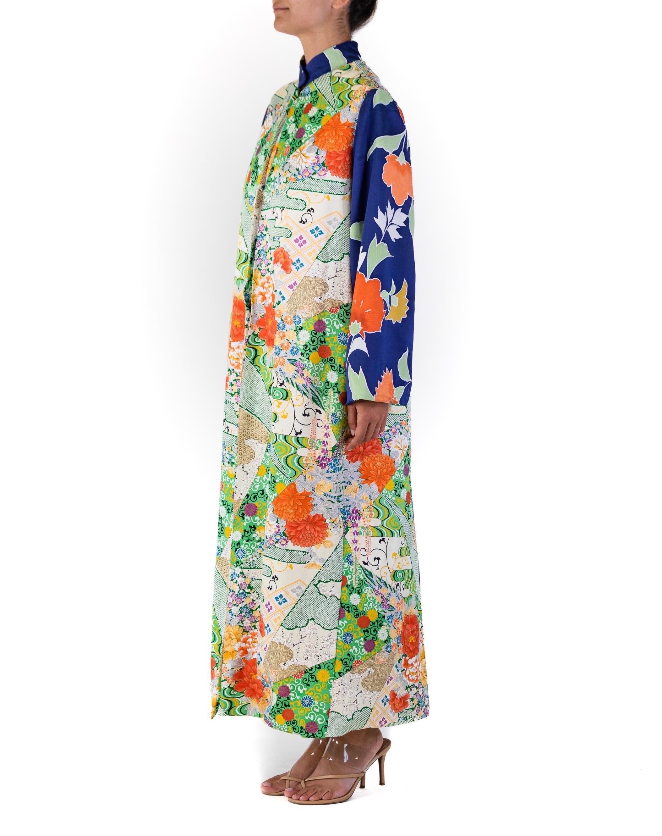 MORPHEW COLLECTION Japanese Kimono Silk Long Duster Geometric Floral Patch Work In Excellent Condition For Sale In New York, NY