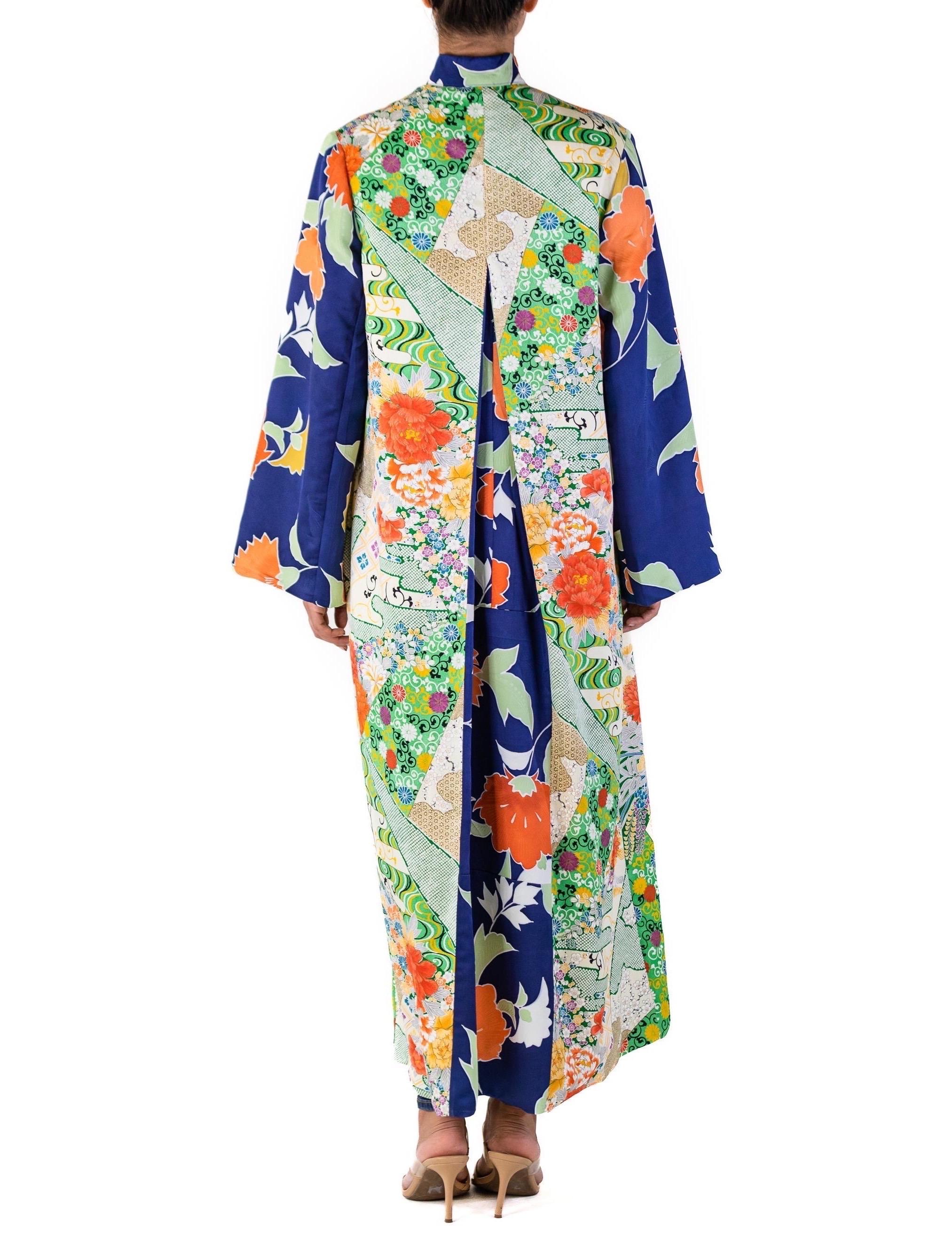 Women's MORPHEW COLLECTION Japanese Kimono Silk Long Duster Geometric Floral Patch Work For Sale