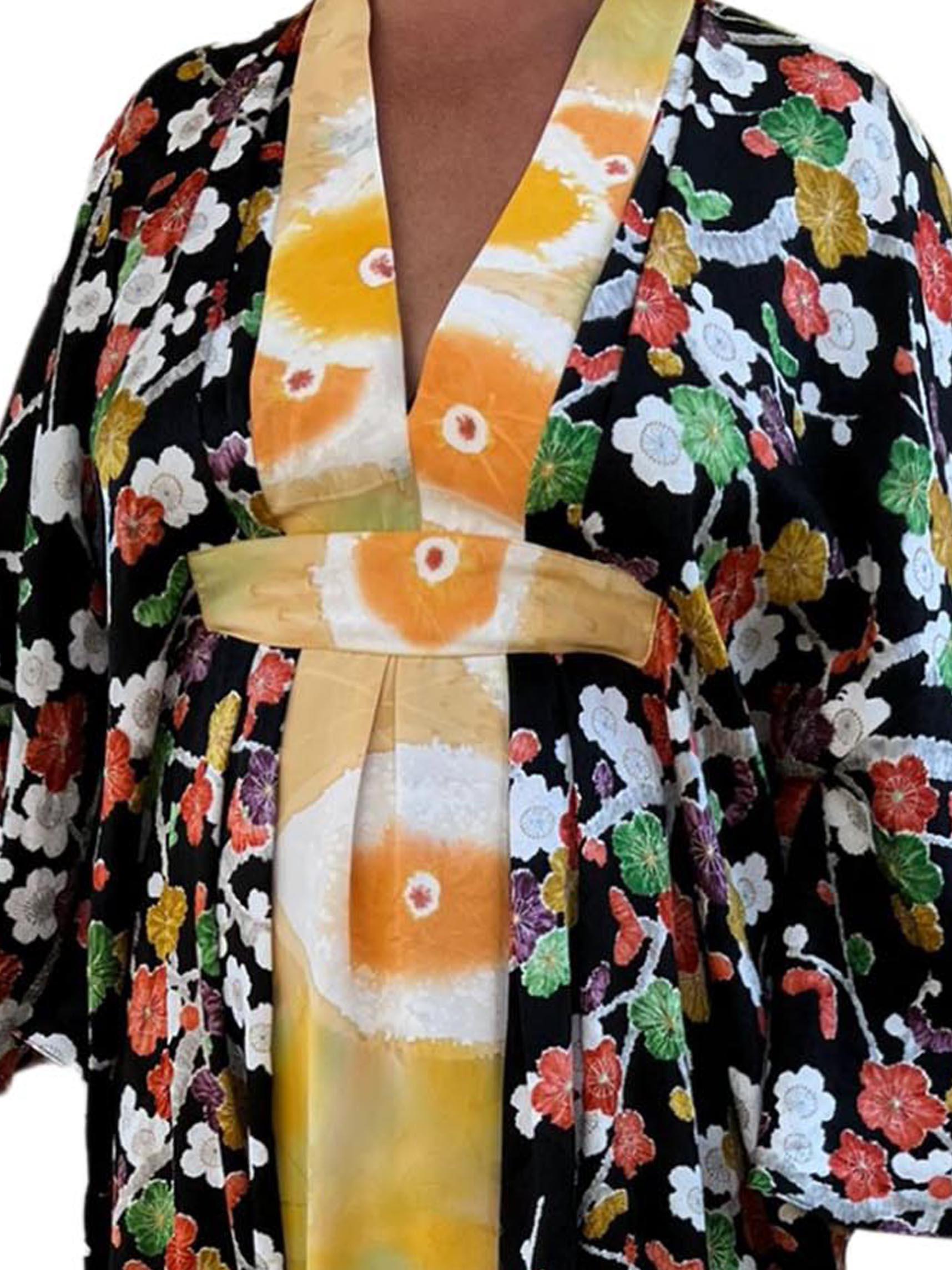 Morphew Collection Japanese Kimono Silk Yellow With Cherry Blossom Print Trim K For Sale 5